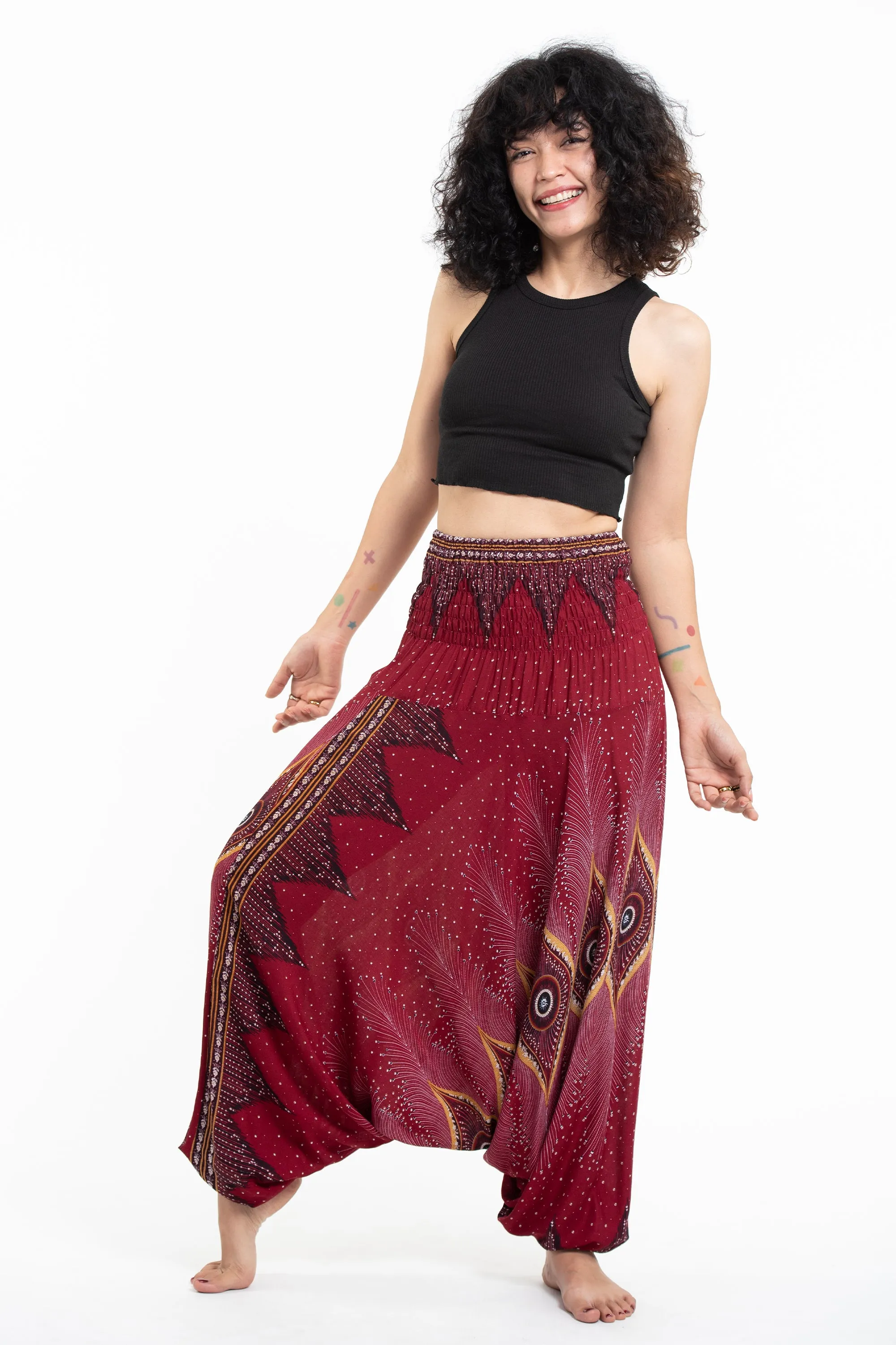 Diamond Peacock 2-in-1 Jumpsuit Harem Pants in Red