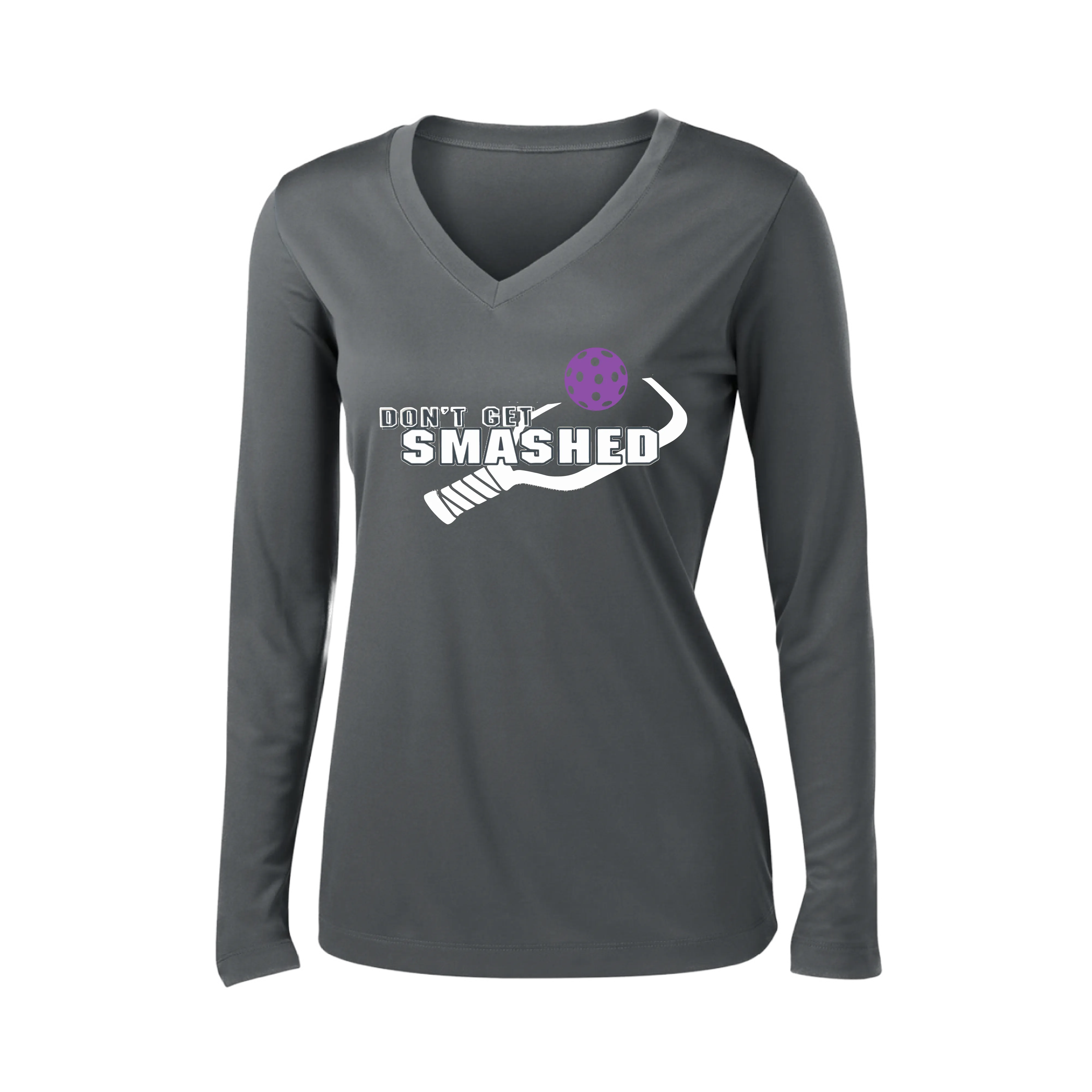 Don't Get Smashed Customizable (Colors Purple White Yellow) | Women's Long Sleeve V-Neck Pickleball Shirts | 100% Polyester