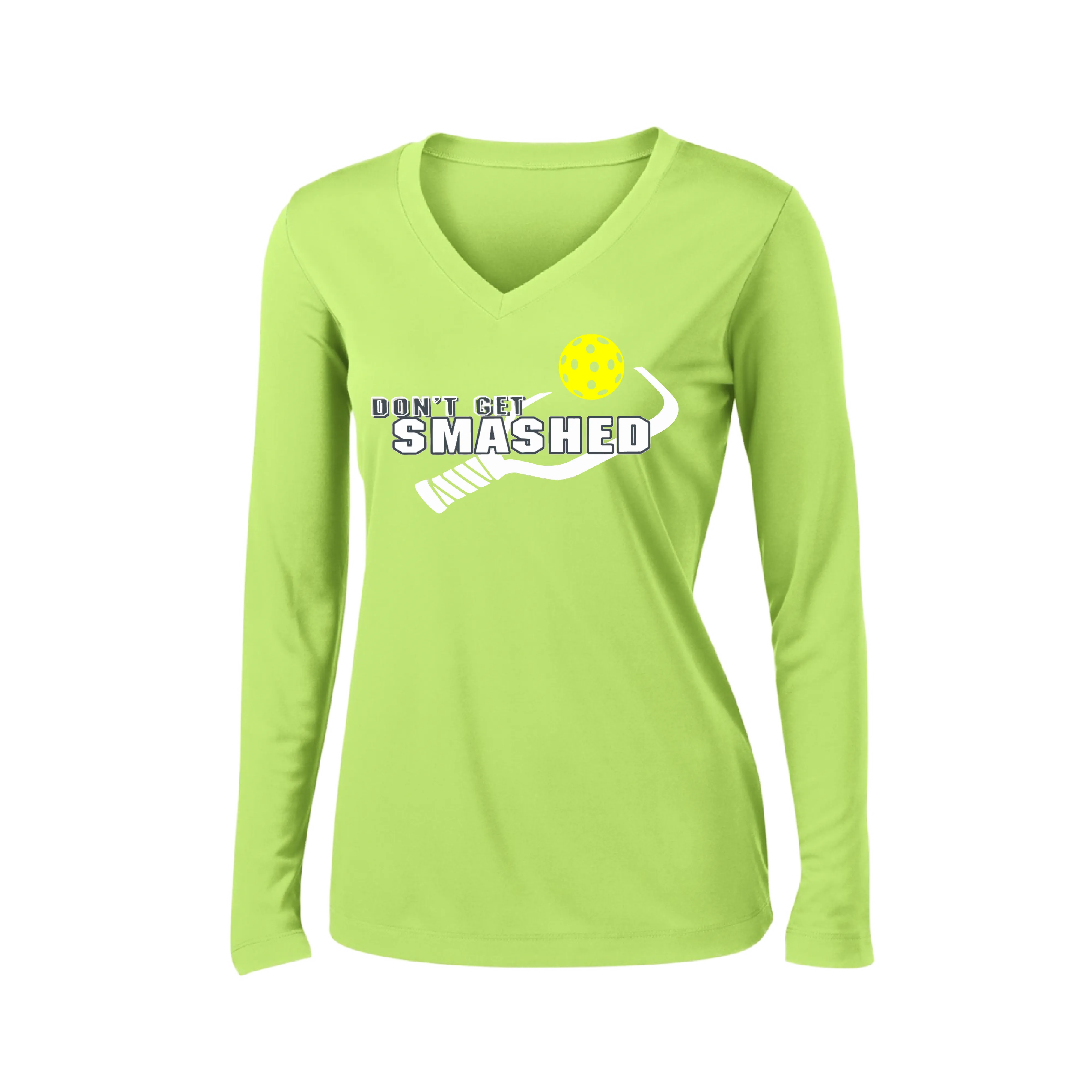 Don't Get Smashed Customizable (Colors Purple White Yellow) | Women's Long Sleeve V-Neck Pickleball Shirts | 100% Polyester