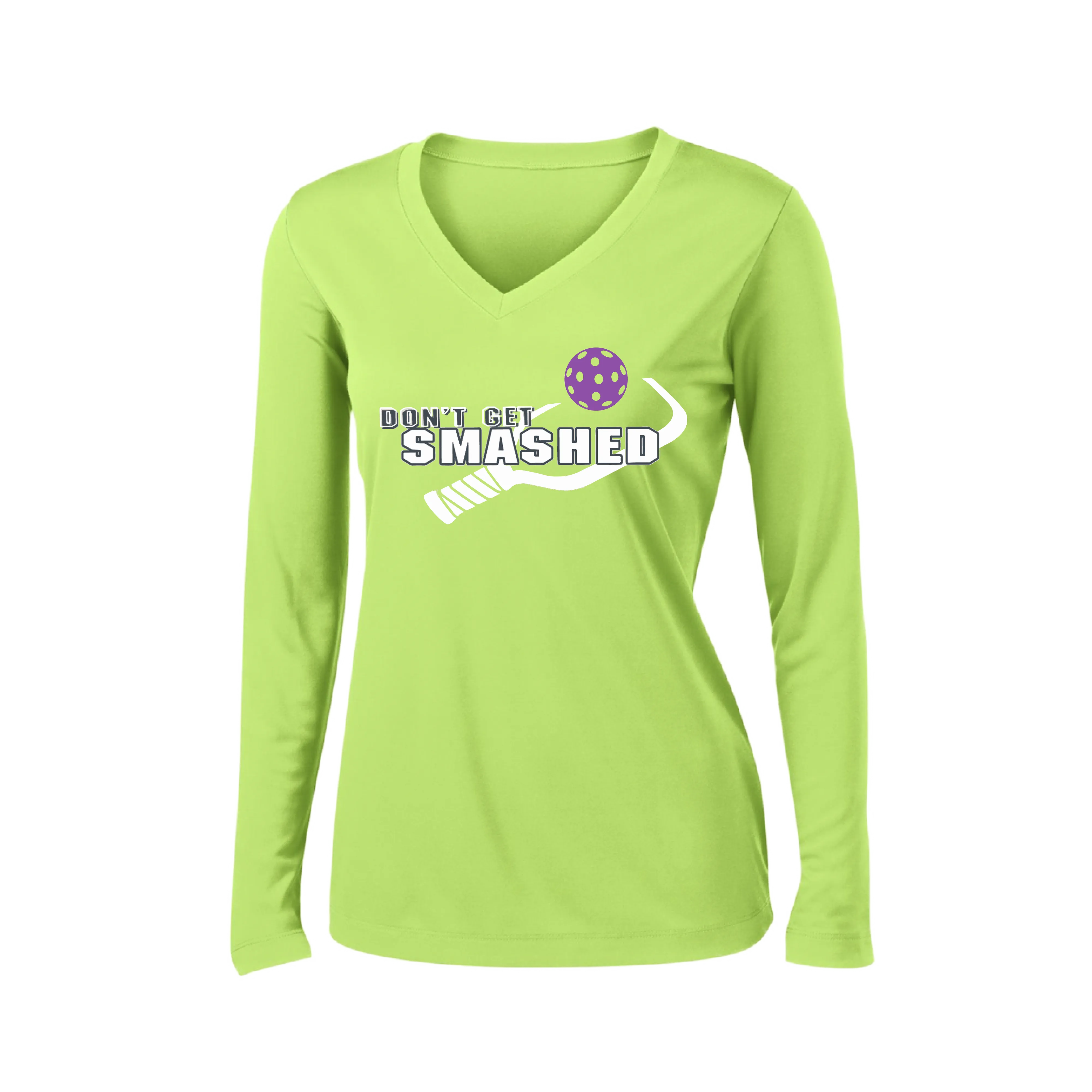 Don't Get Smashed Customizable (Colors Purple White Yellow) | Women's Long Sleeve V-Neck Pickleball Shirts | 100% Polyester