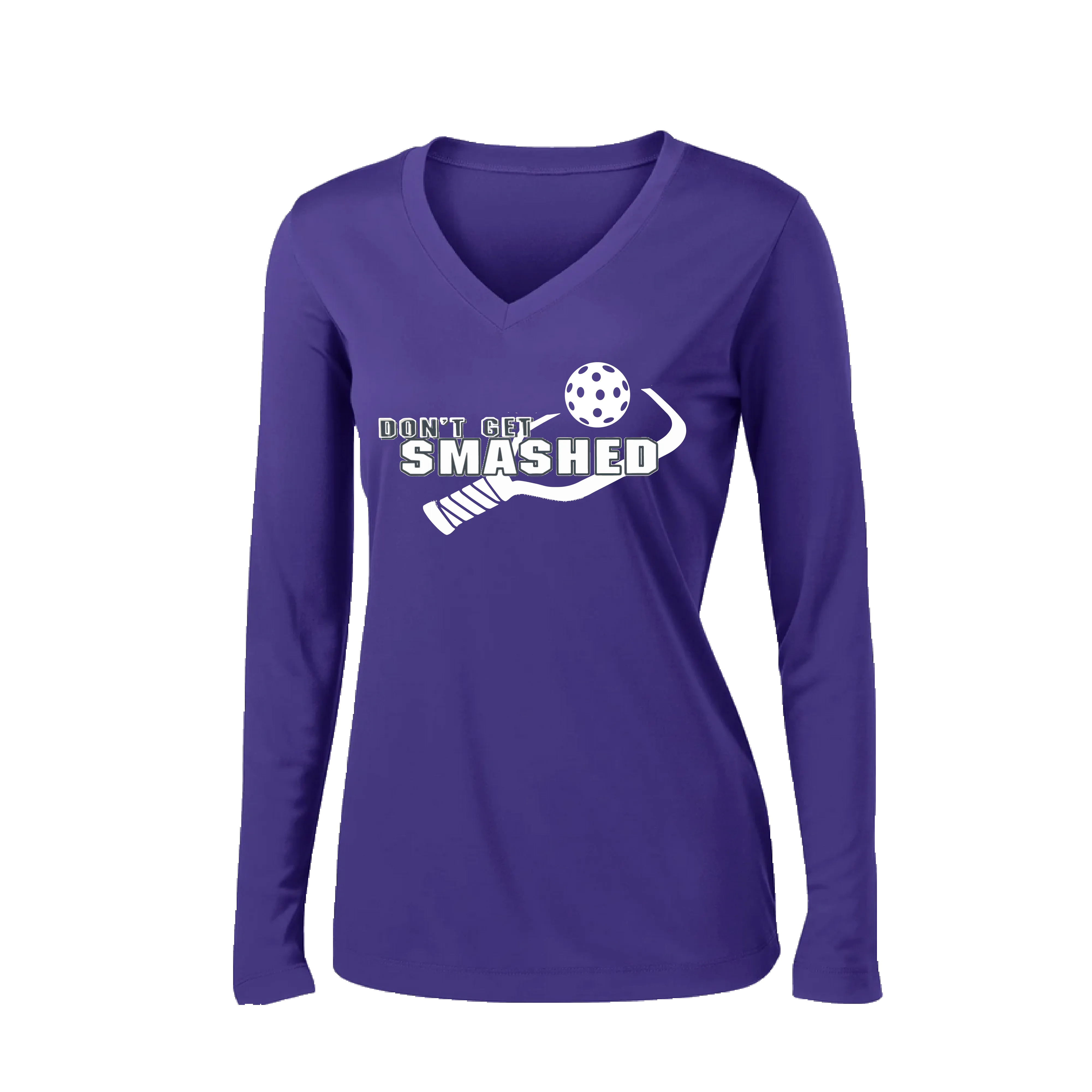 Don't Get Smashed Customizable (Colors Purple White Yellow) | Women's Long Sleeve V-Neck Pickleball Shirts | 100% Polyester