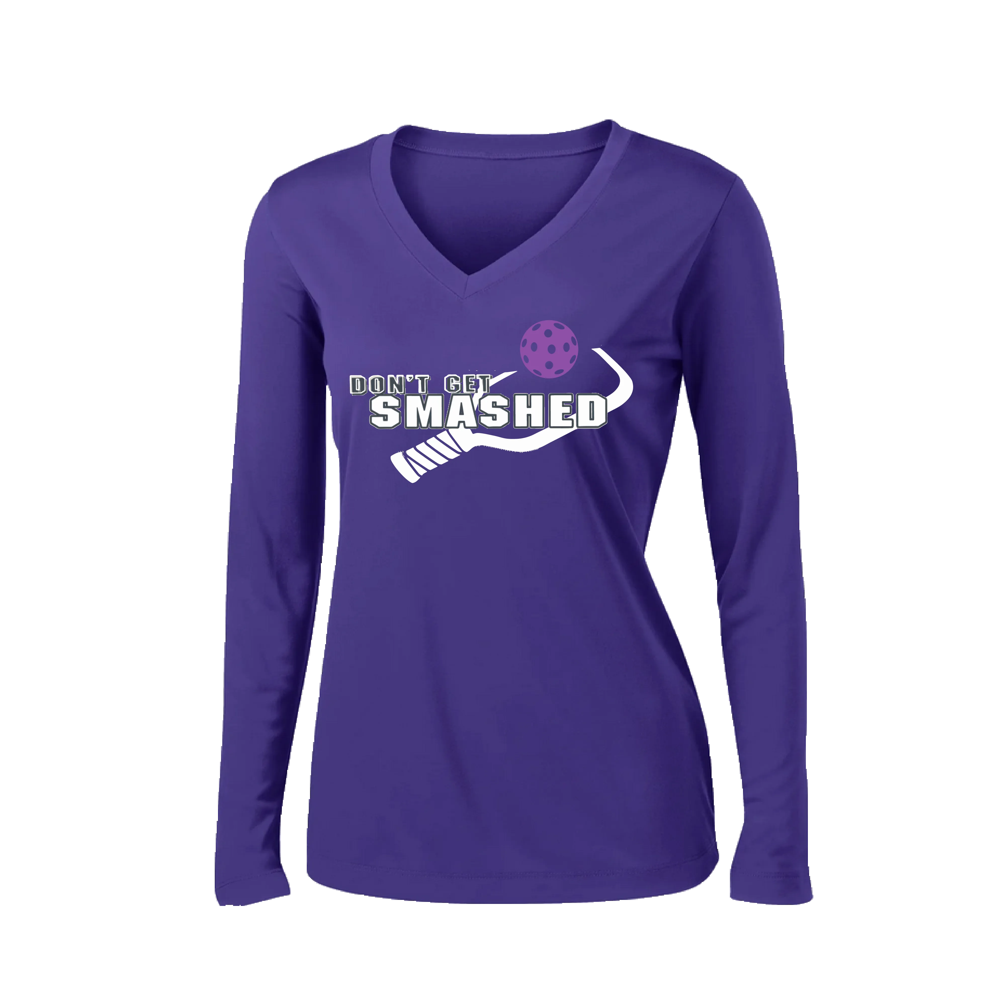 Don't Get Smashed Customizable (Colors Purple White Yellow) | Women's Long Sleeve V-Neck Pickleball Shirts | 100% Polyester