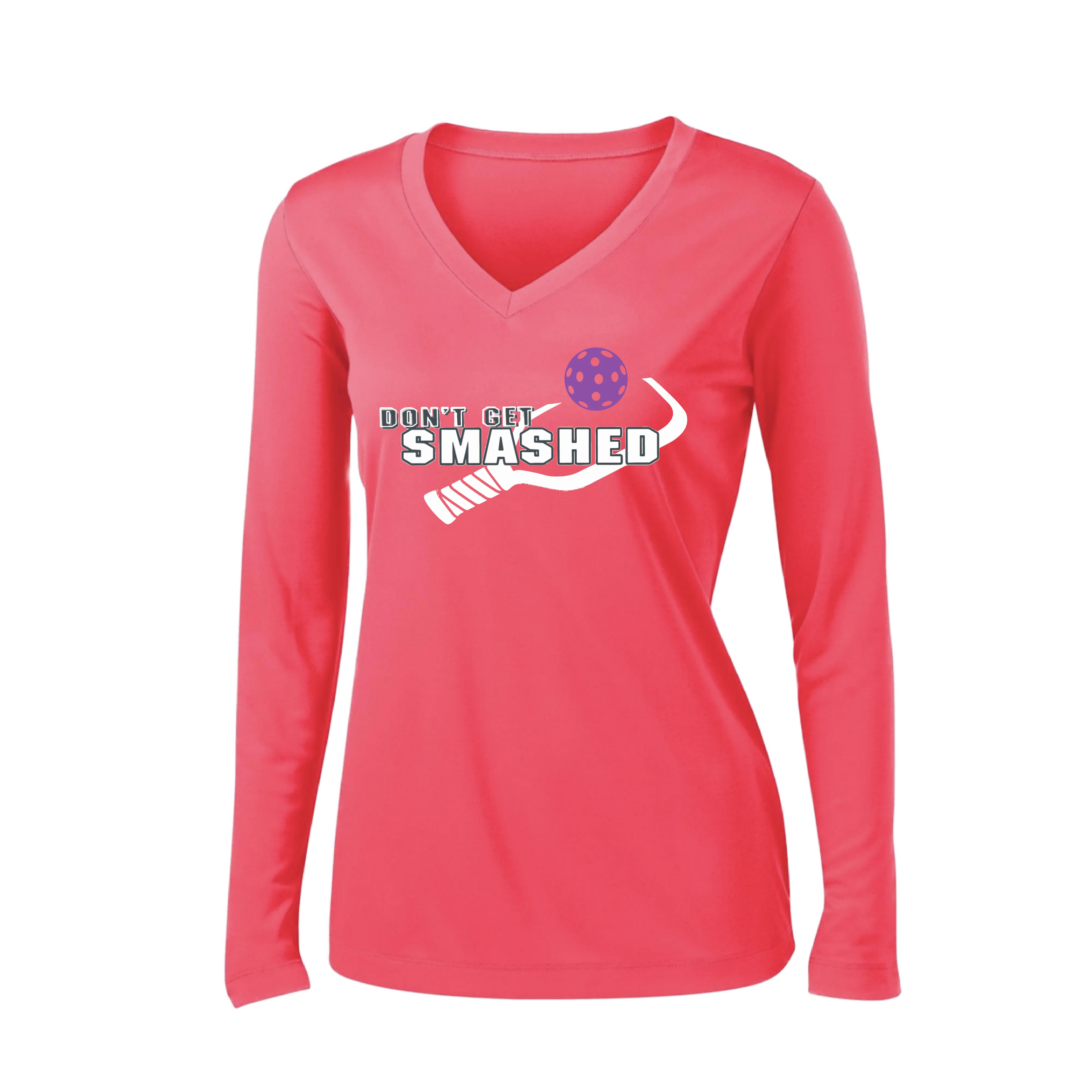 Don't Get Smashed Customizable (Colors Purple White Yellow) | Women's Long Sleeve V-Neck Pickleball Shirts | 100% Polyester