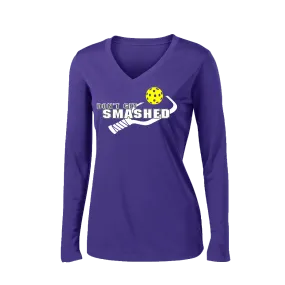 Don't Get Smashed Customizable (Colors Purple White Yellow) | Women's Long Sleeve V-Neck Pickleball Shirts | 100% Polyester