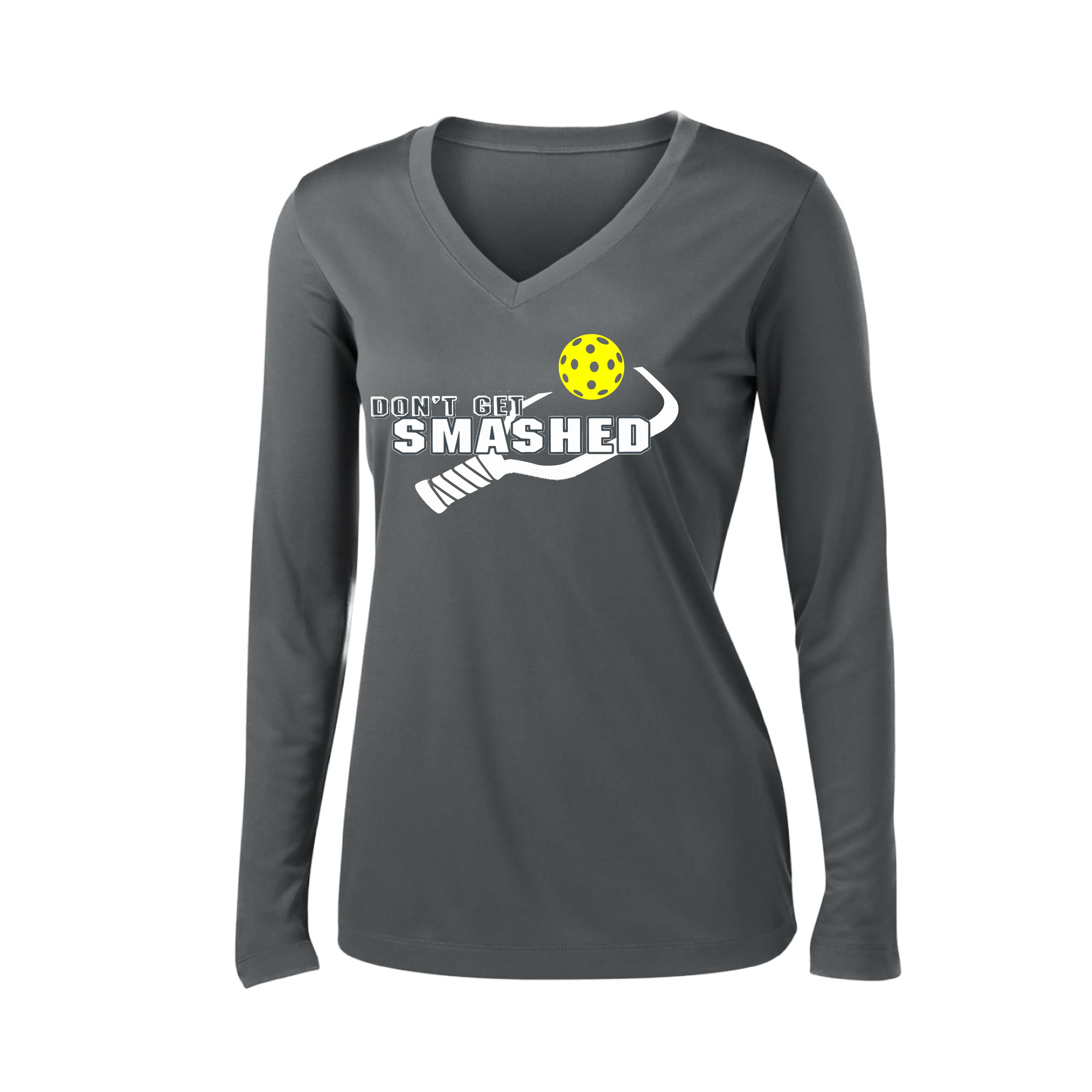 Don't Get Smashed Customizable (Colors Purple White Yellow) | Women's Long Sleeve V-Neck Pickleball Shirts | 100% Polyester