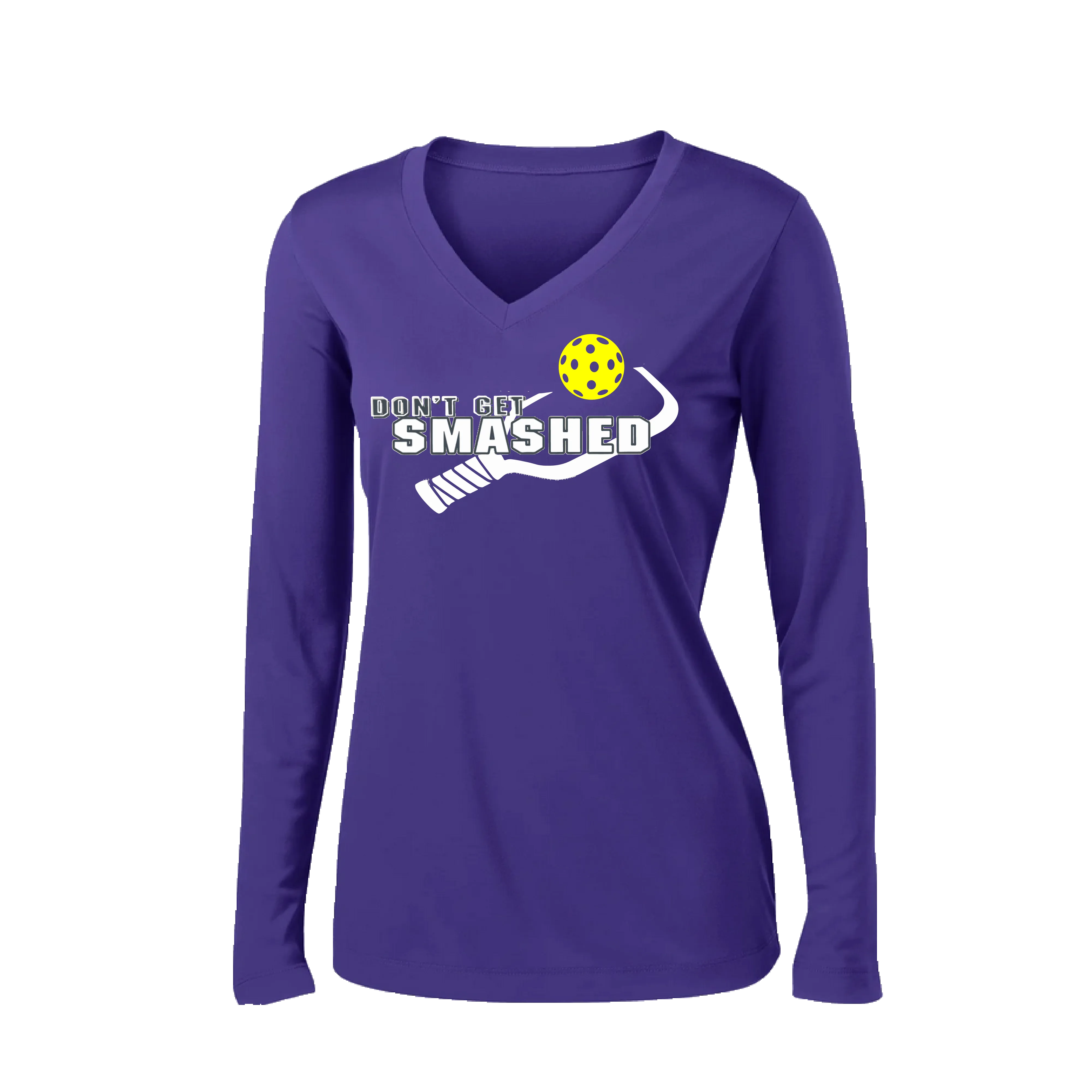 Don't Get Smashed Customizable (Colors Purple White Yellow) | Women's Long Sleeve V-Neck Pickleball Shirts | 100% Polyester