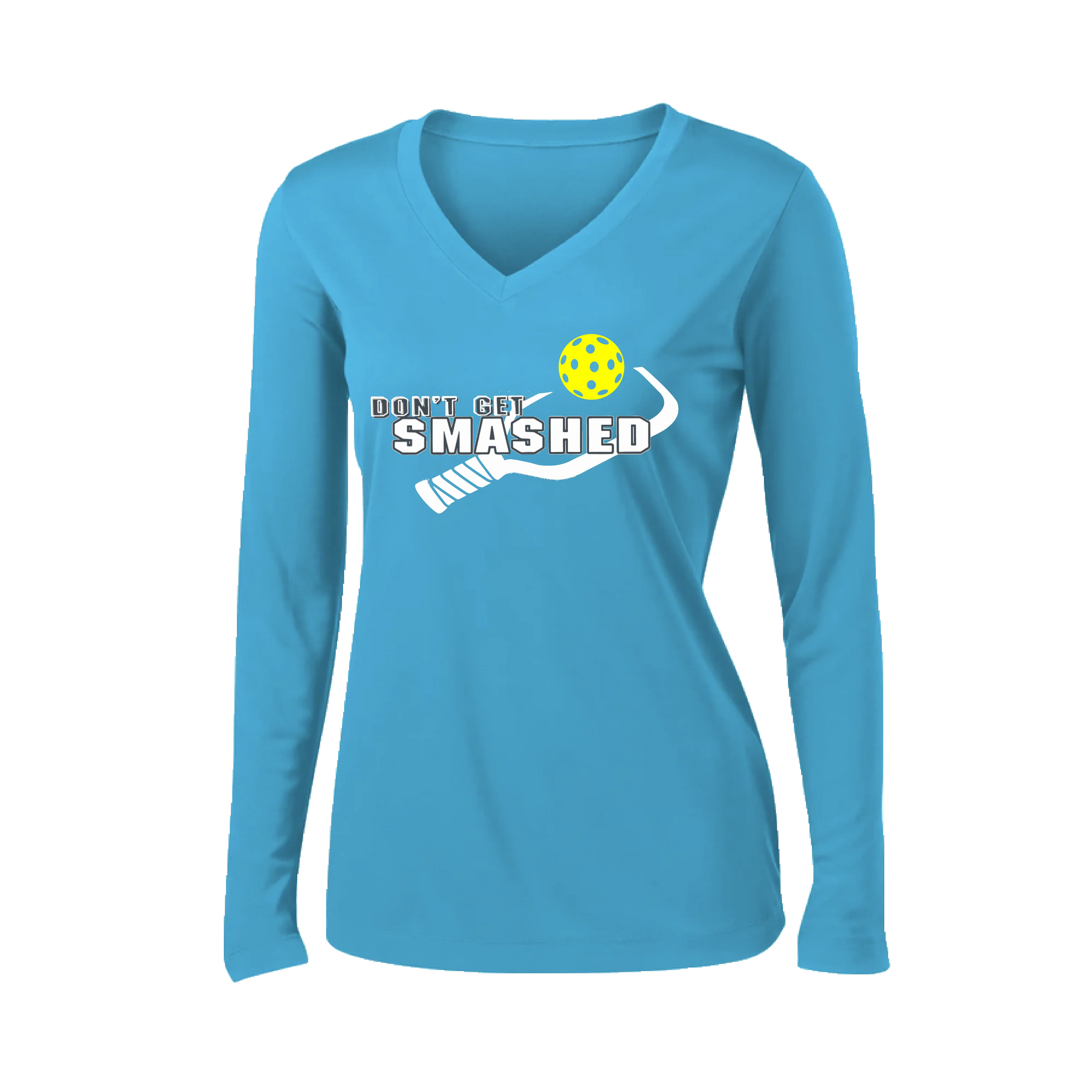 Don't Get Smashed Customizable (Colors Purple White Yellow) | Women's Long Sleeve V-Neck Pickleball Shirts | 100% Polyester