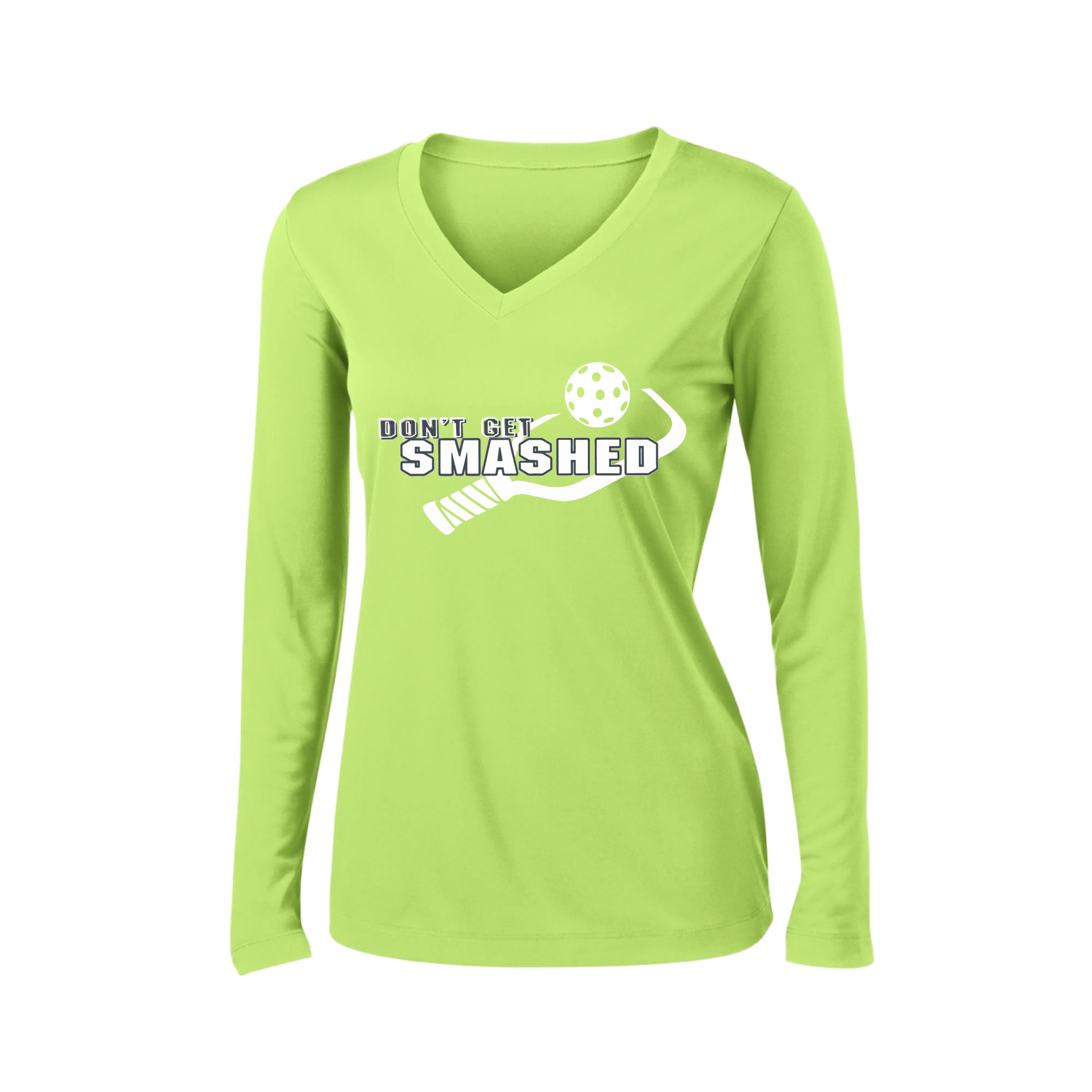 Don't Get Smashed Customizable (Colors Purple White Yellow) | Women's Long Sleeve V-Neck Pickleball Shirts | 100% Polyester