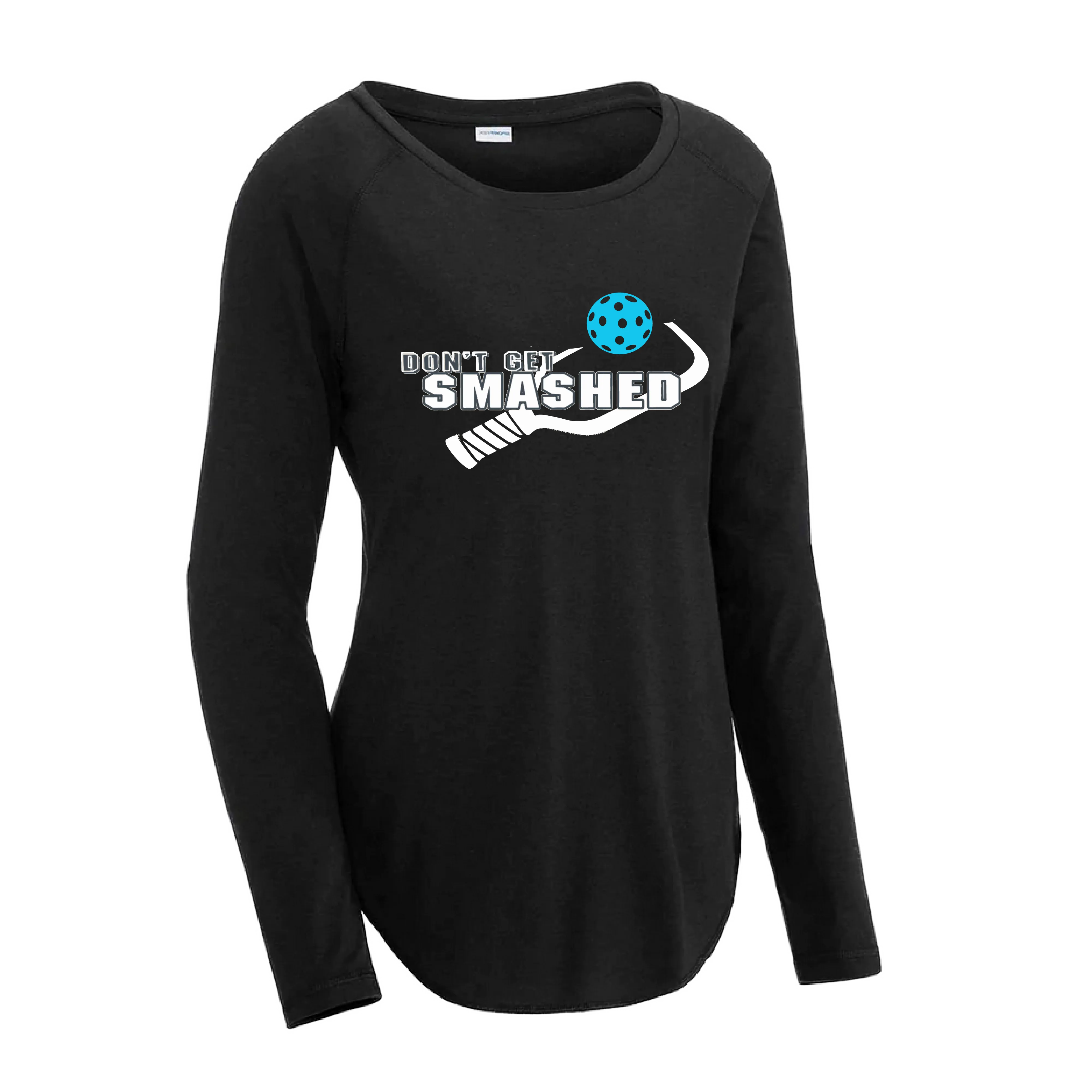 Don't Get Smashed (Pickleball Colors Cyan Orange Pink) Customizable | Women's Long Sleeve Scoop Neck Pickleball Shirts | 75/13/12 poly/cotton/rayon