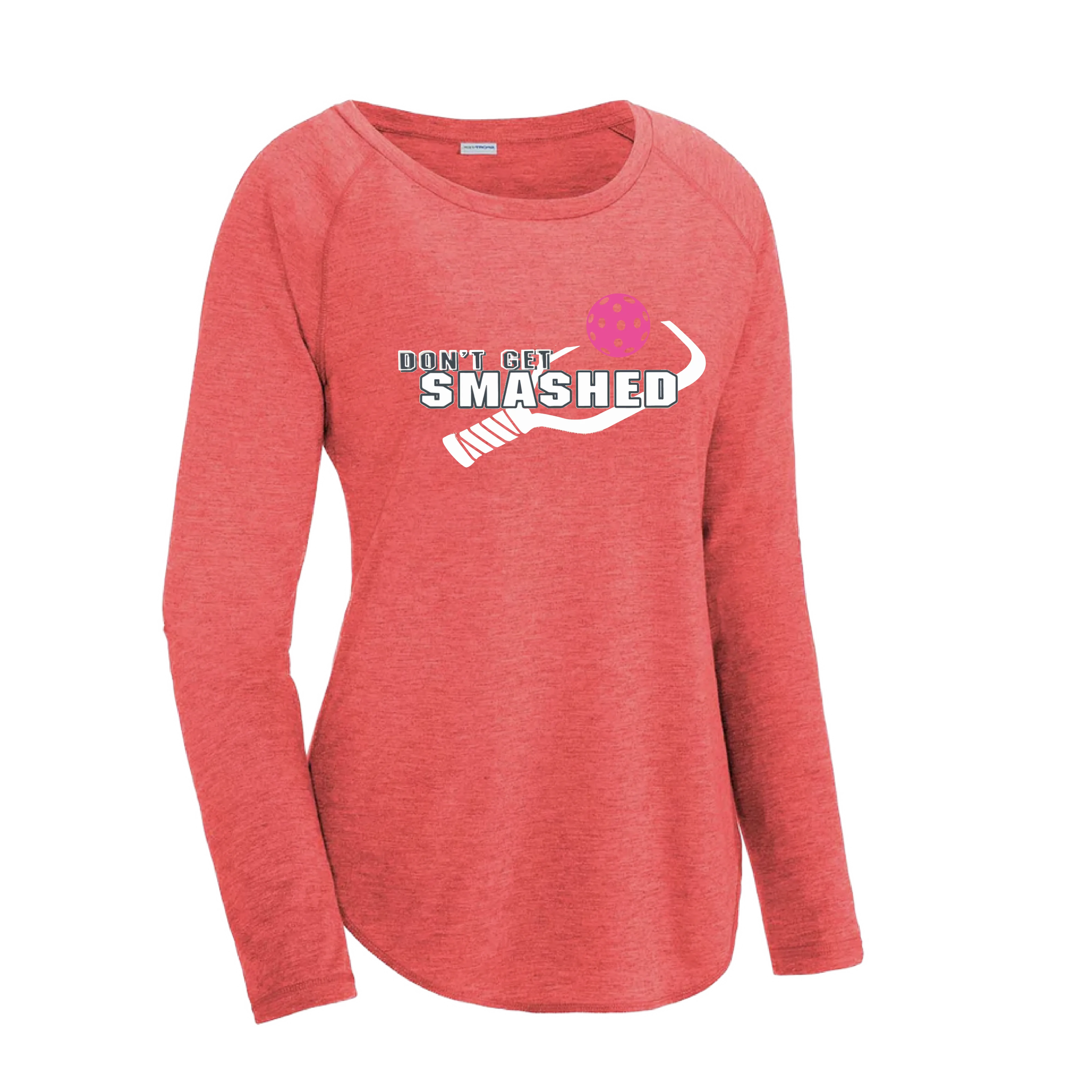 Don't Get Smashed (Pickleball Colors Cyan Orange Pink) Customizable | Women's Long Sleeve Scoop Neck Pickleball Shirts | 75/13/12 poly/cotton/rayon