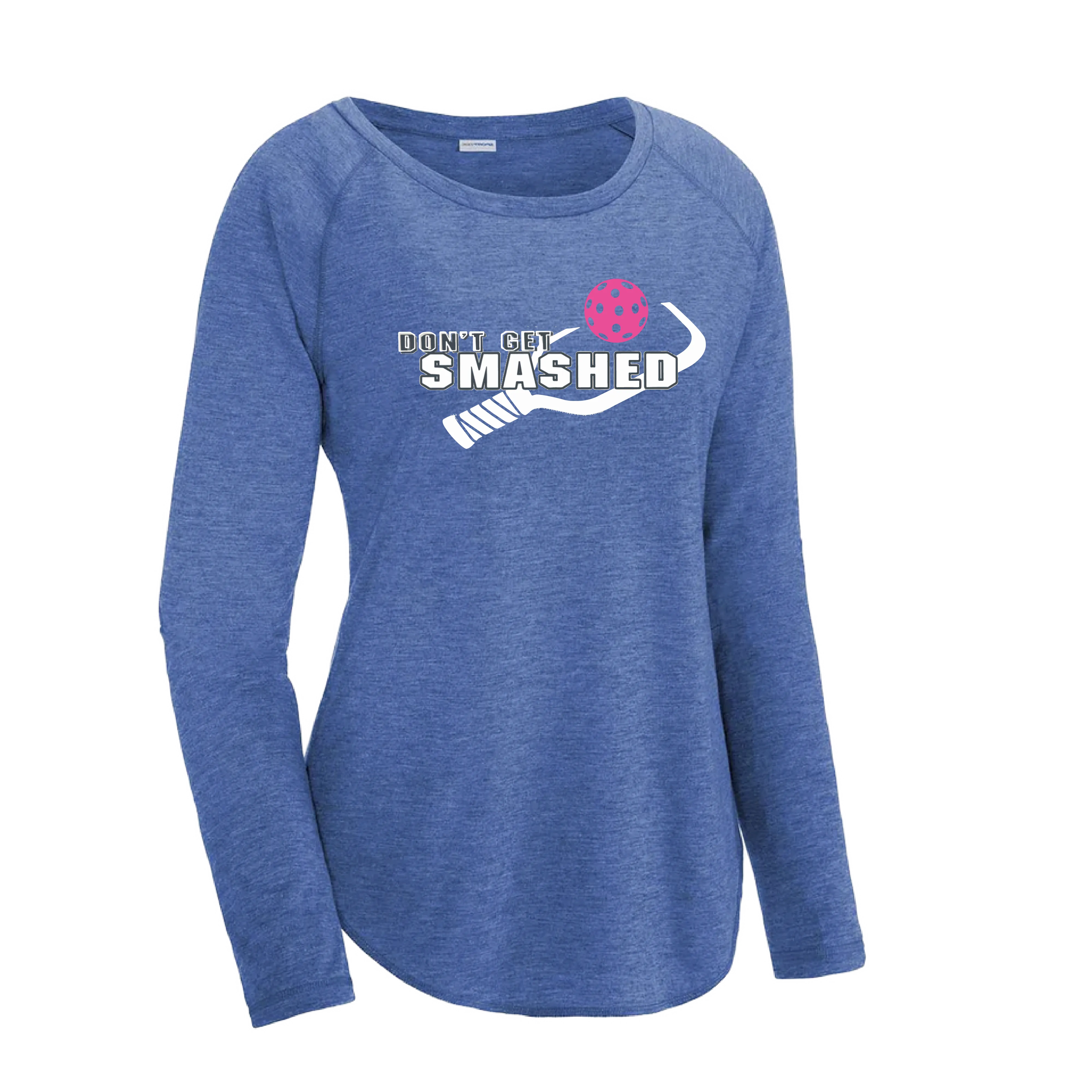 Don't Get Smashed (Pickleball Colors Cyan Orange Pink) Customizable | Women's Long Sleeve Scoop Neck Pickleball Shirts | 75/13/12 poly/cotton/rayon