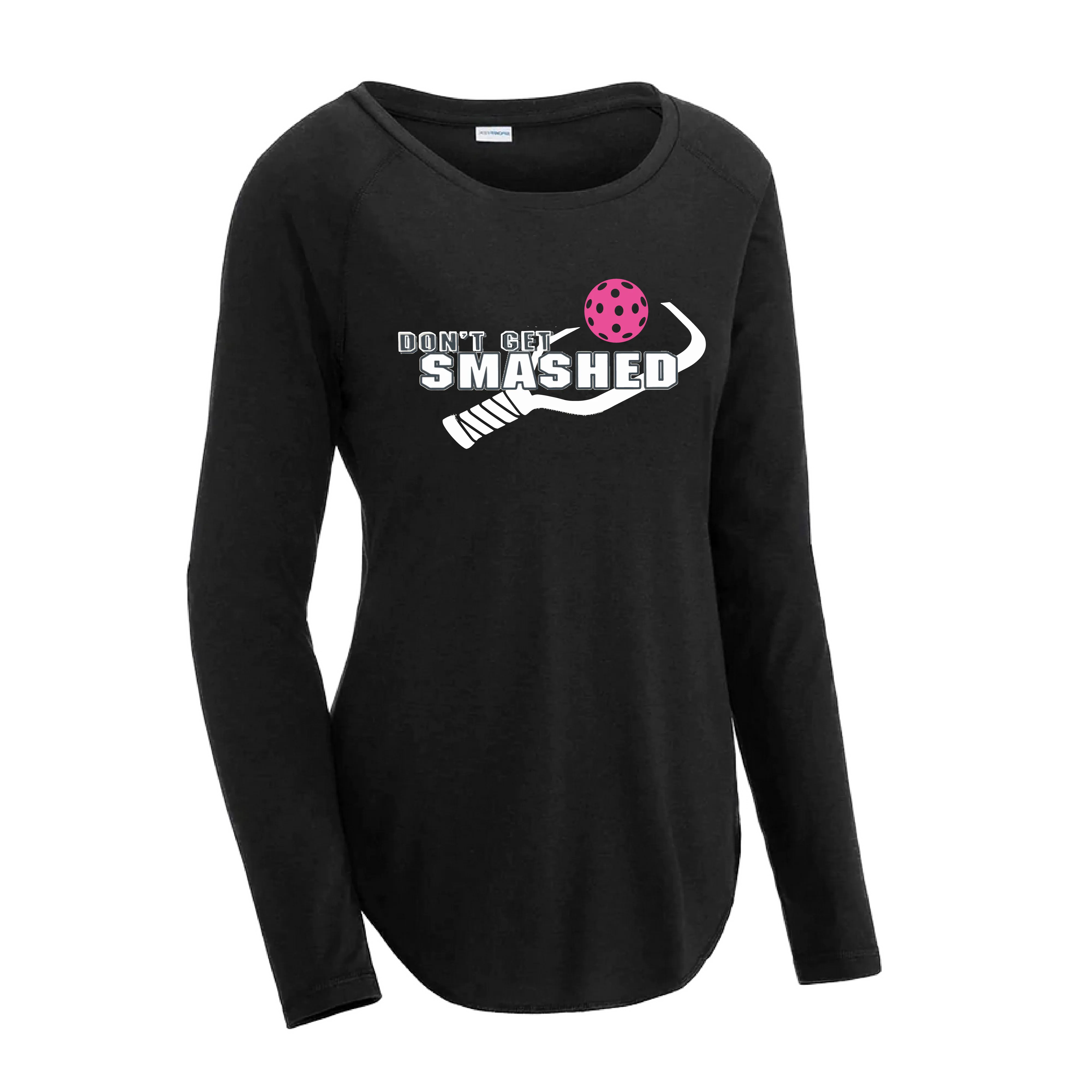 Don't Get Smashed (Pickleball Colors Cyan Orange Pink) Customizable | Women's Long Sleeve Scoop Neck Pickleball Shirts | 75/13/12 poly/cotton/rayon