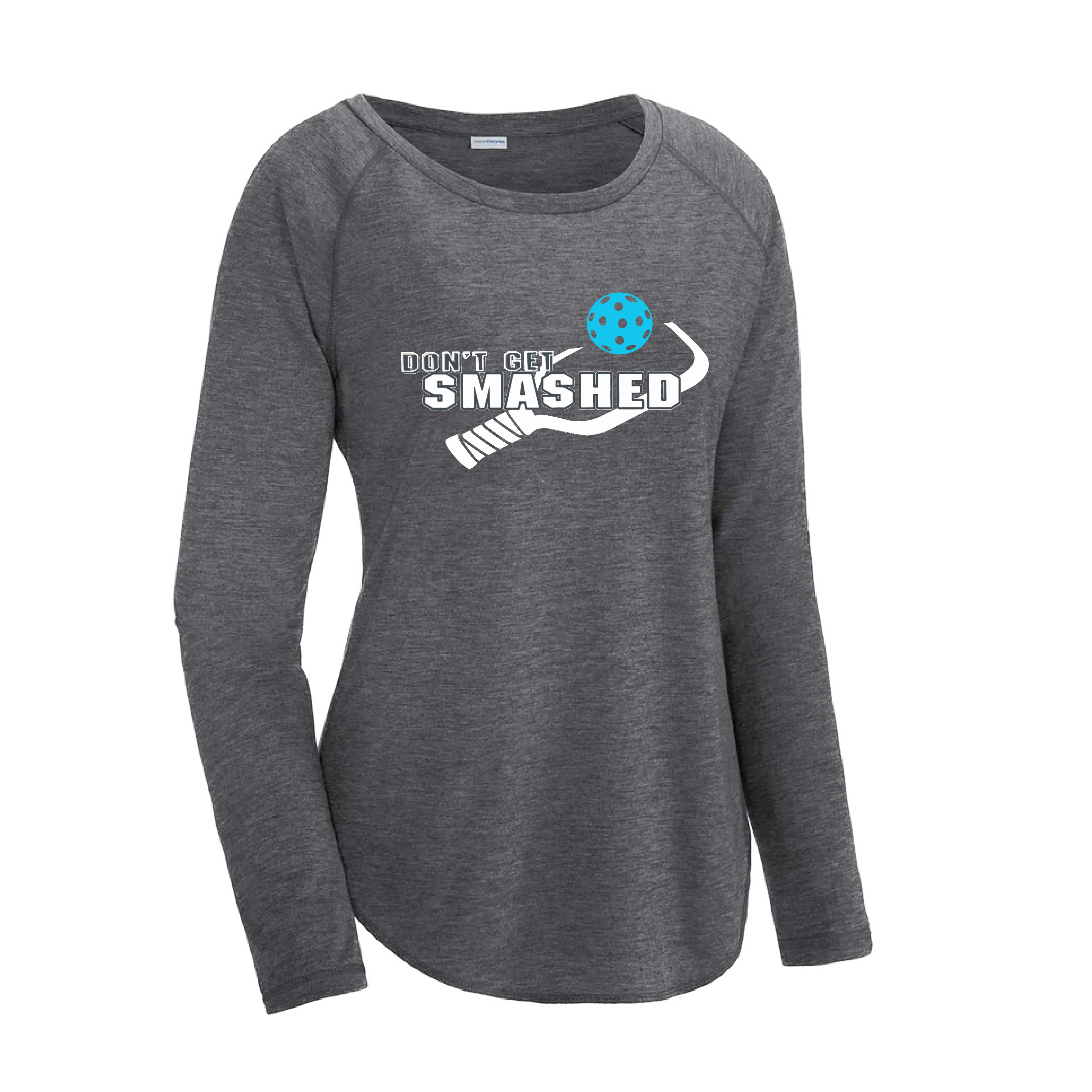 Don't Get Smashed (Pickleball Colors Cyan Orange Pink) Customizable | Women's Long Sleeve Scoop Neck Pickleball Shirts | 75/13/12 poly/cotton/rayon