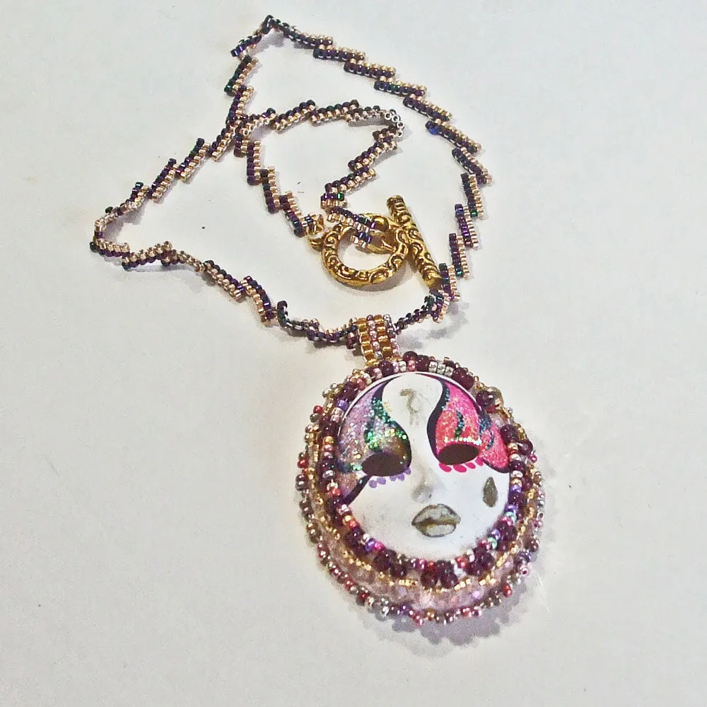 Egeria, Painted Cameo Mask for Day of the Dead Pendant, Necklace