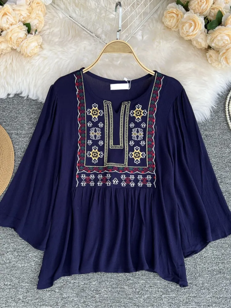 Embroidered Flare Sleeve Blouse