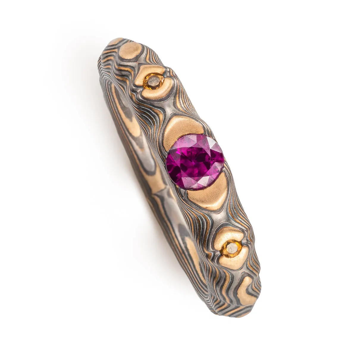 Enchanting Cathedral Mokume Ring with Ruby and Citrine