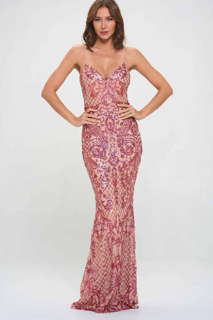 Eva Sequin Mermaid Maxi - Hot Pink & Nude