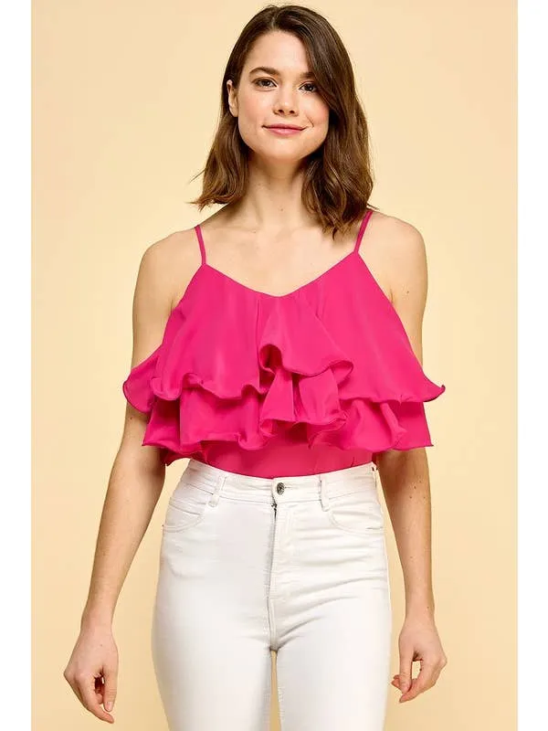 FUCHSIA RUFFLED CAMI BODYSUIT WITH ADJUSTABLE STRAPS