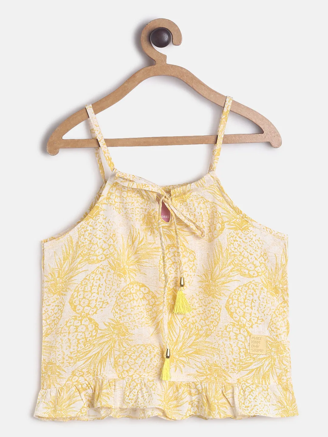 Girls Cotton Off Shoulder Yellow Printed Top