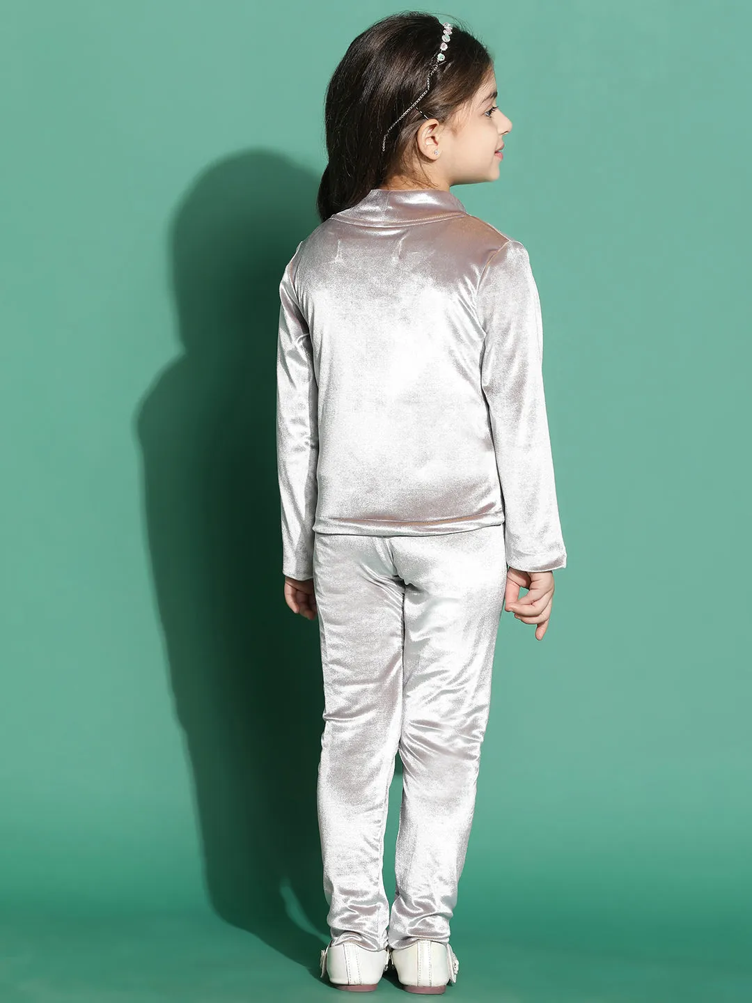 Girls Polyester Silver Top & Legging Co-Ord Set