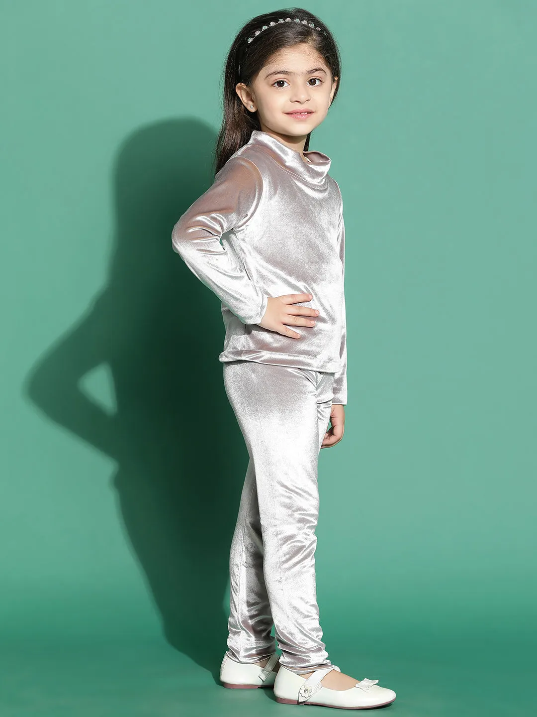 Girls Polyester Silver Top & Legging Co-Ord Set