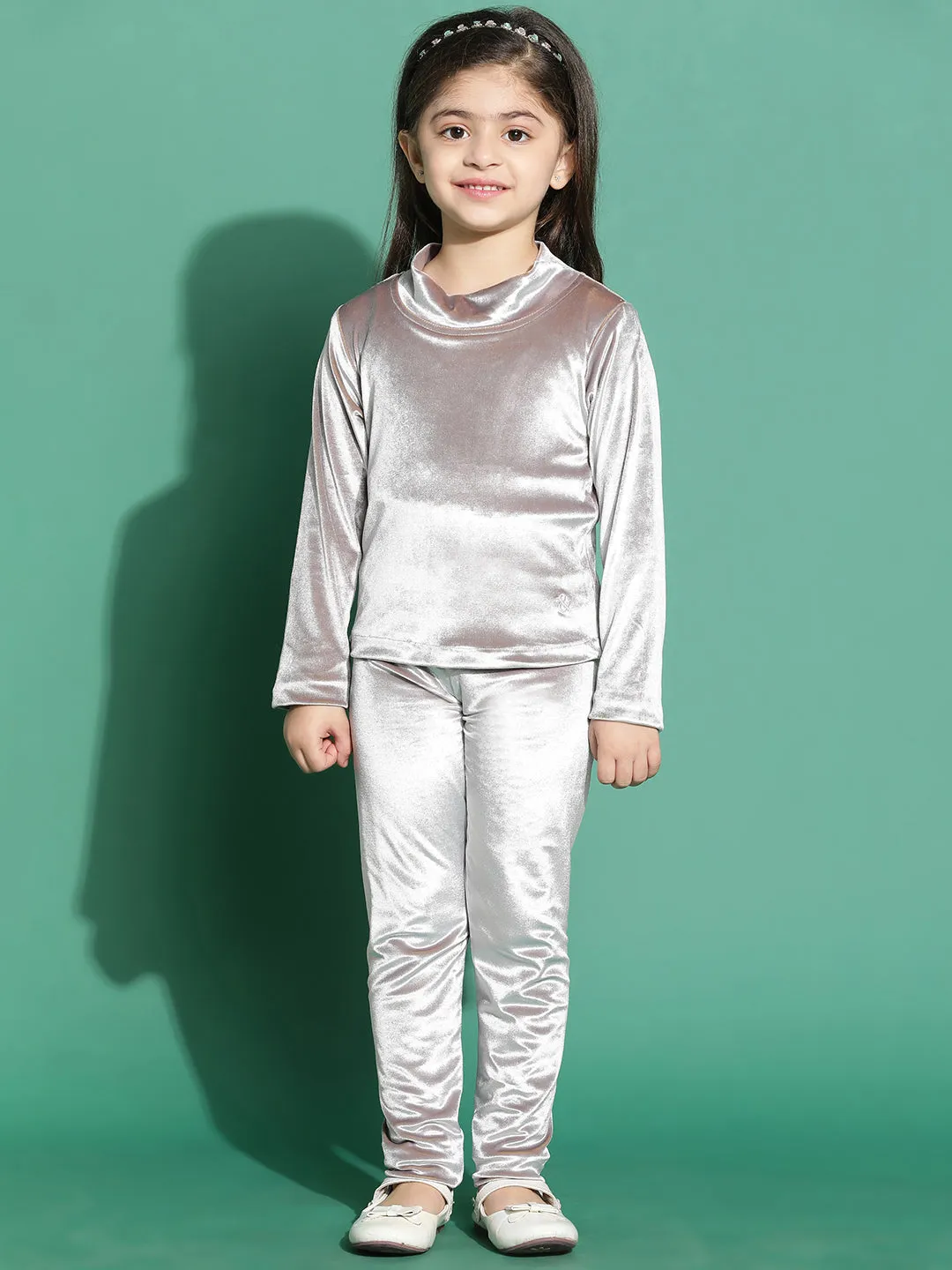 Girls Polyester Silver Top & Legging Co-Ord Set