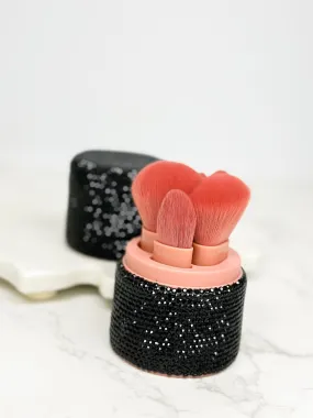 Glitzy Rhinestone Makeup Brush Set - Black