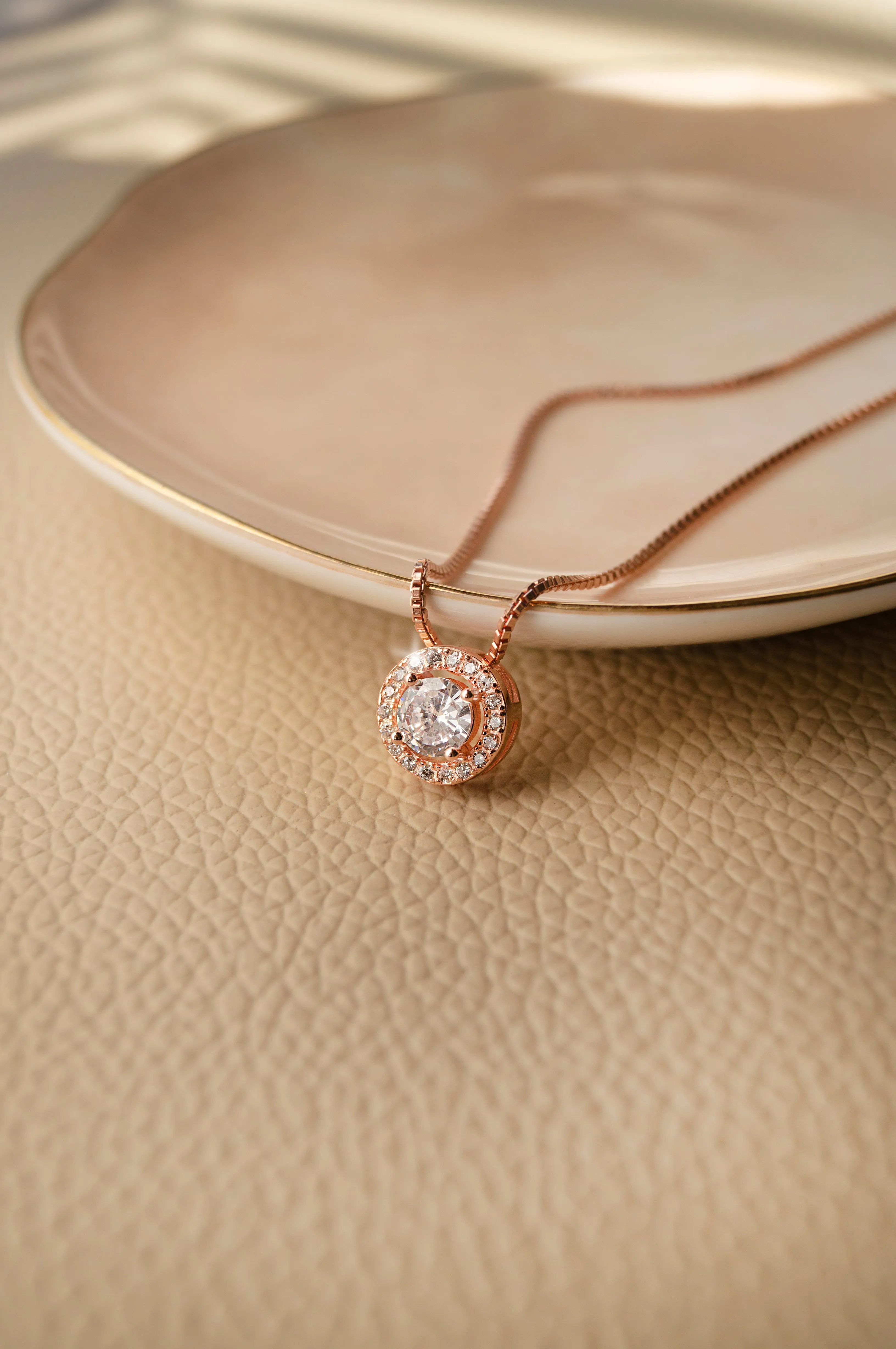 Glorious Halo Solitaire Rose Gold Plated Sterling Silver Pendant Set