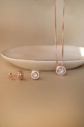 Glorious Halo Solitaire Rose Gold Plated Sterling Silver Pendant Set