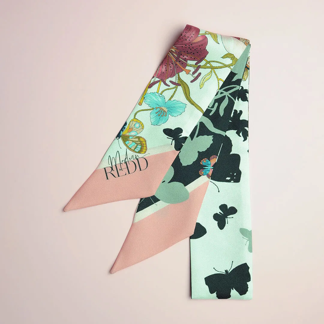 Haute Redd Flowers & Butterflies Silk Twilly Scarf