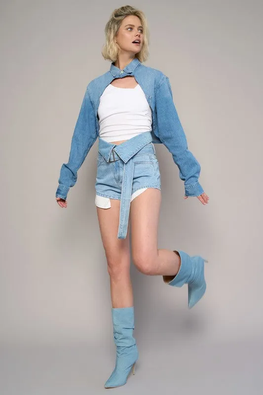 High Rise Flap Waist Belted Denim Shorts