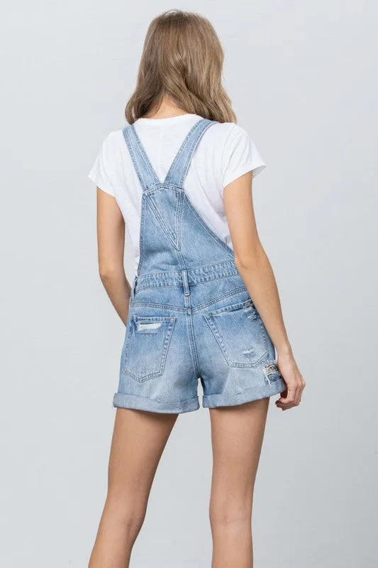 High Rise Roll Up Denim Overall Romper