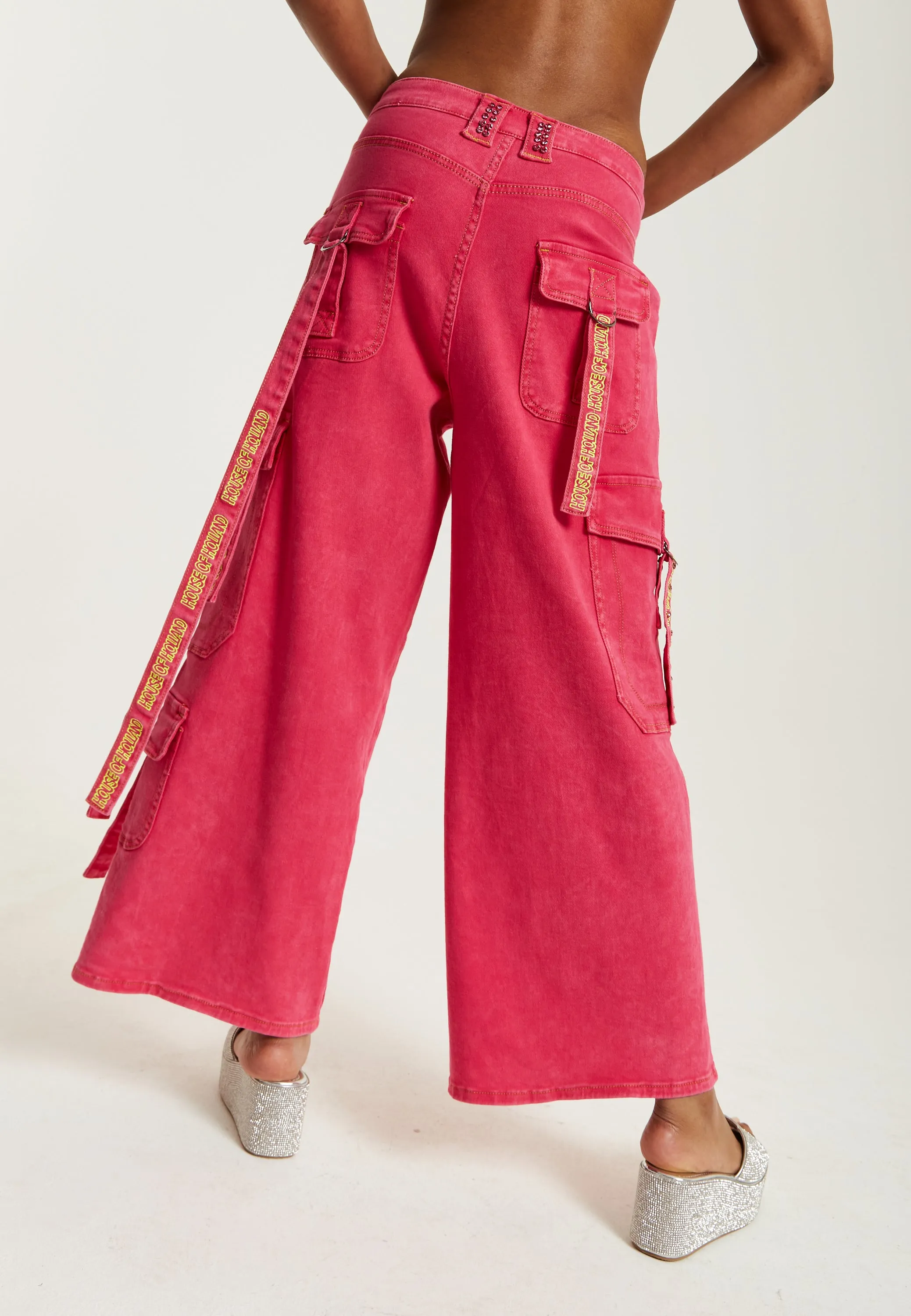 House of Holland Hot Pink Denim Wide Leg Cargo Trousers