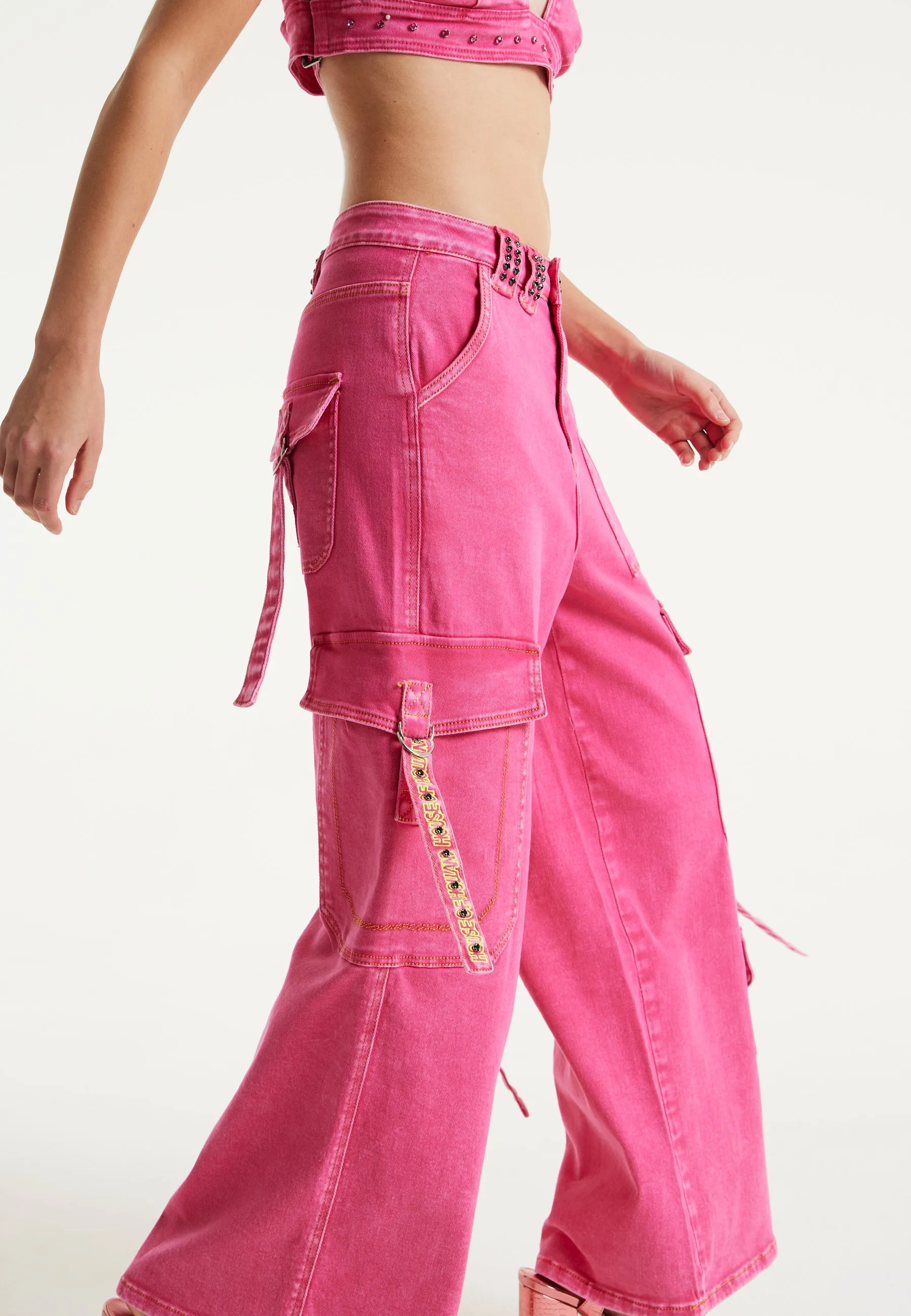 House of Holland Hot Pink Denim Wide Leg Cargo Trousers