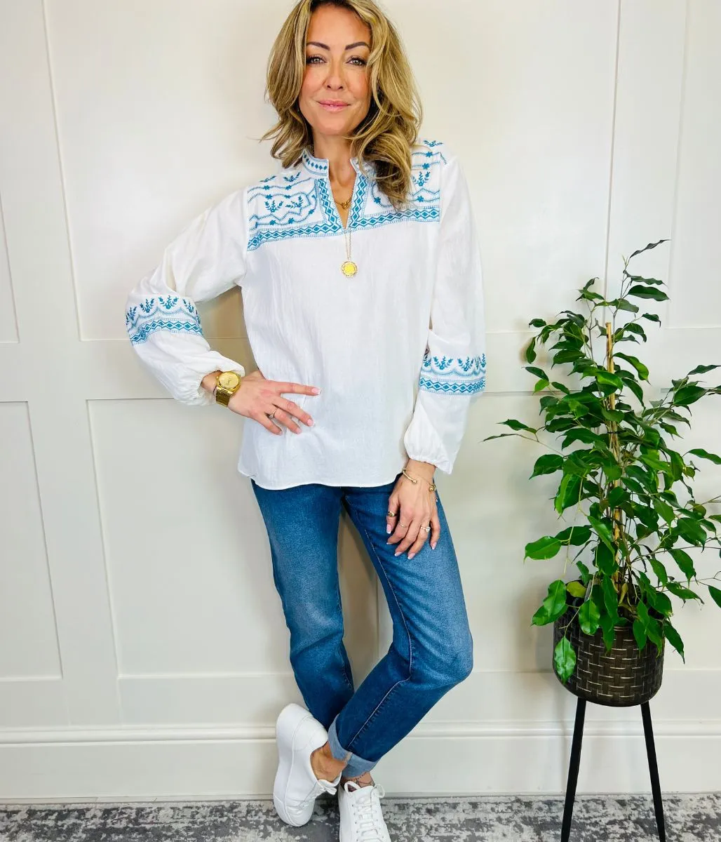 Ivory & Blue Boho Festival Embroidered Blouse Top