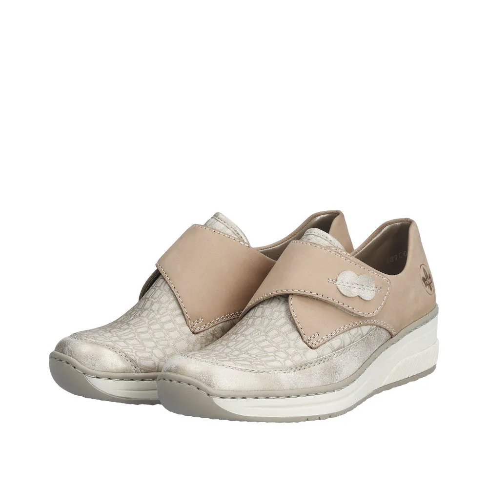 Ladies Rieker Beige Shoe Wedge Heel Hook & Loop Strap 487C0-60 sale