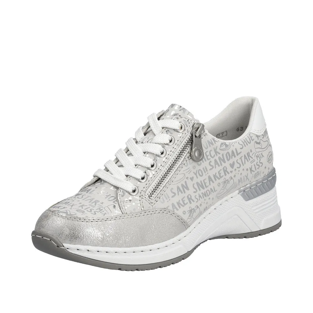 Ladies Rieker Lace Up Trainers Sneakers Silver Wedge Zip N4316-90 sale