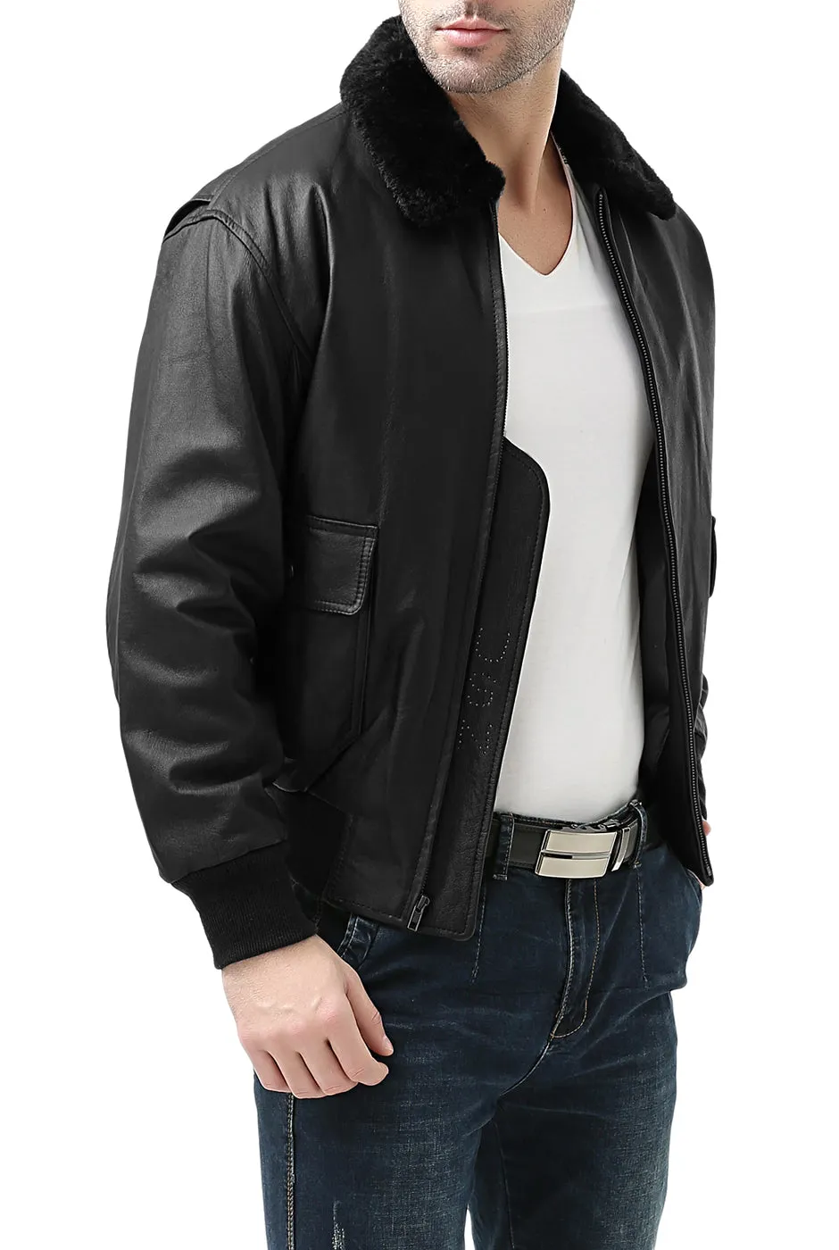 Landing Leathers Men Navy G-1 Leather Flight Bomber Jacket