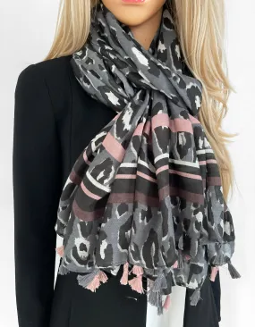 LARGE GREY BLUSH TRIBAL LEOPARD PRINT SCARF WITH TASSELS