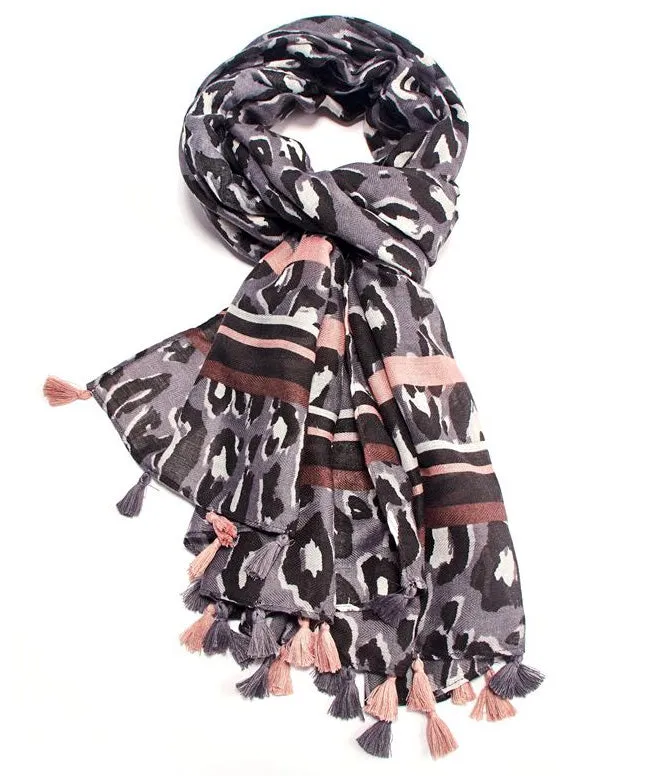 LARGE GREY BLUSH TRIBAL LEOPARD PRINT SCARF WITH TASSELS