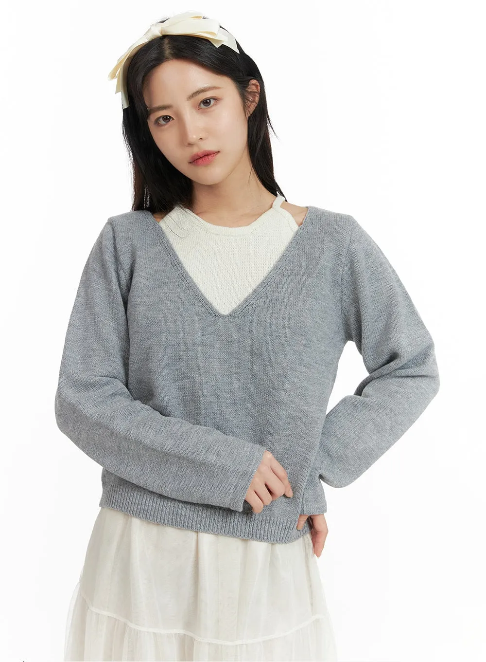 Layered V-Neck Knit Sweater OF419