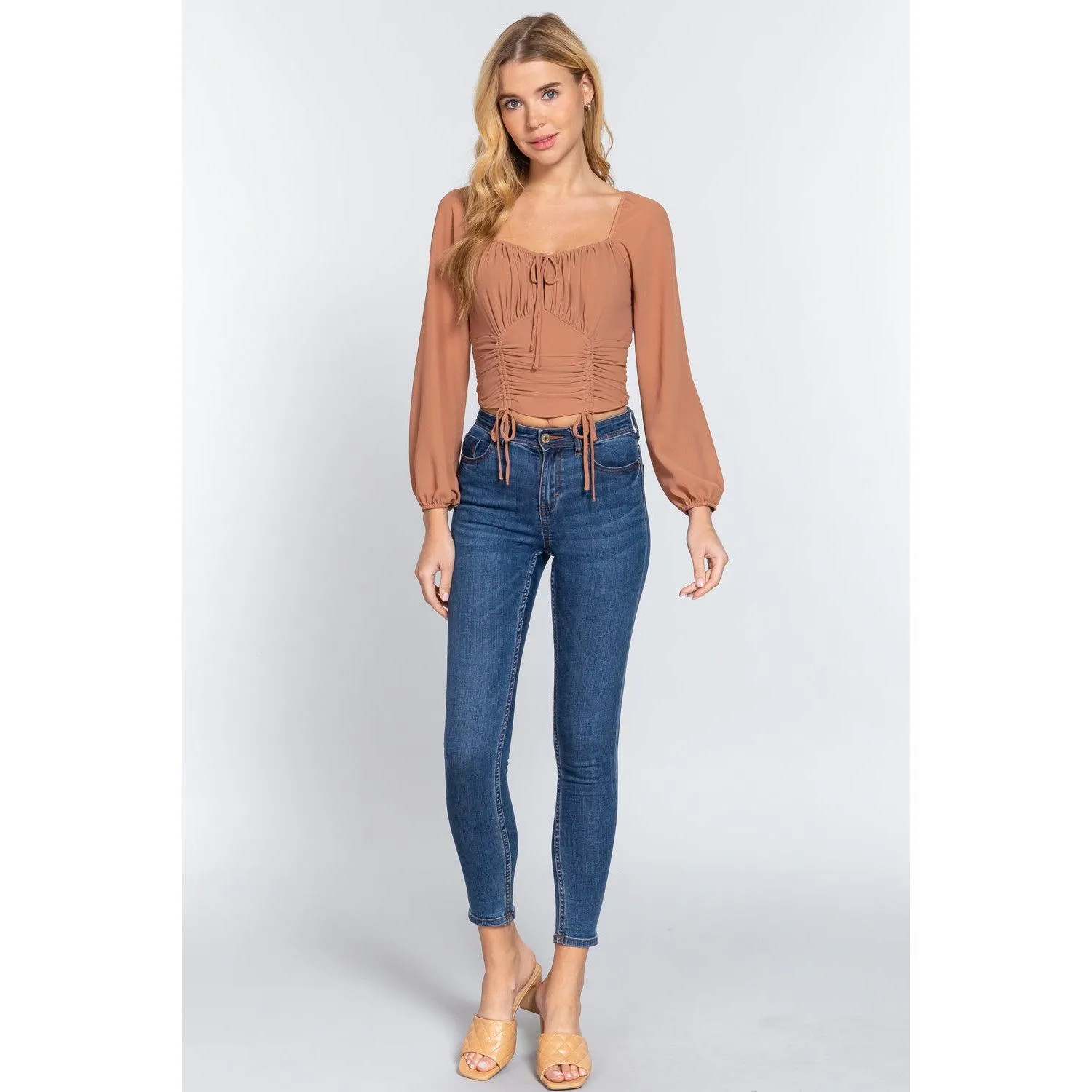 Long Sleeve Front Tied Ruched Detail Woven Top