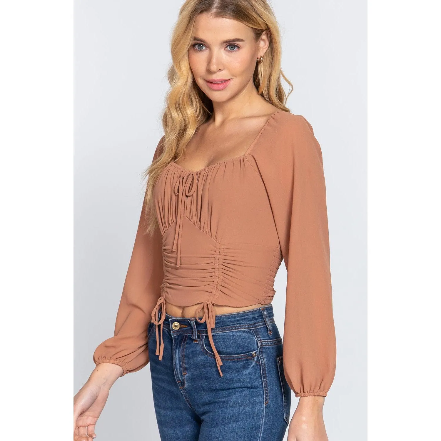 Long Sleeve Front Tied Ruched Detail Woven Top