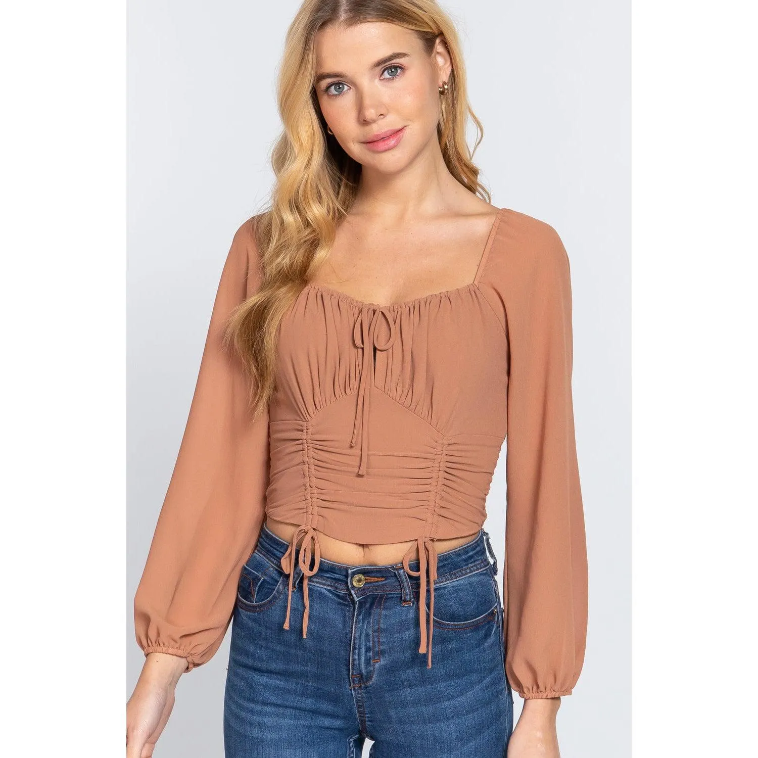 Long Sleeve Front Tied Ruched Detail Woven Top