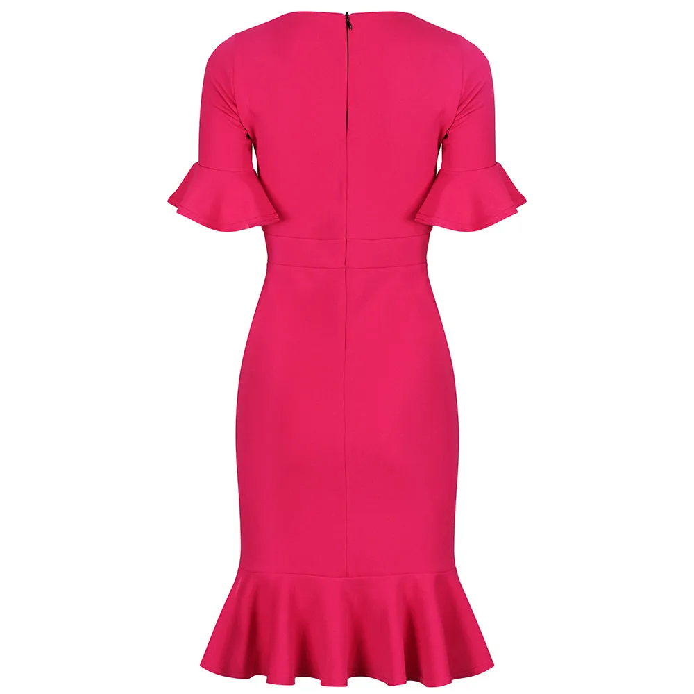 Magenta 1/2 Sleeve Fishtail Peplum Hem V Neck Bodycon Pencil Dress