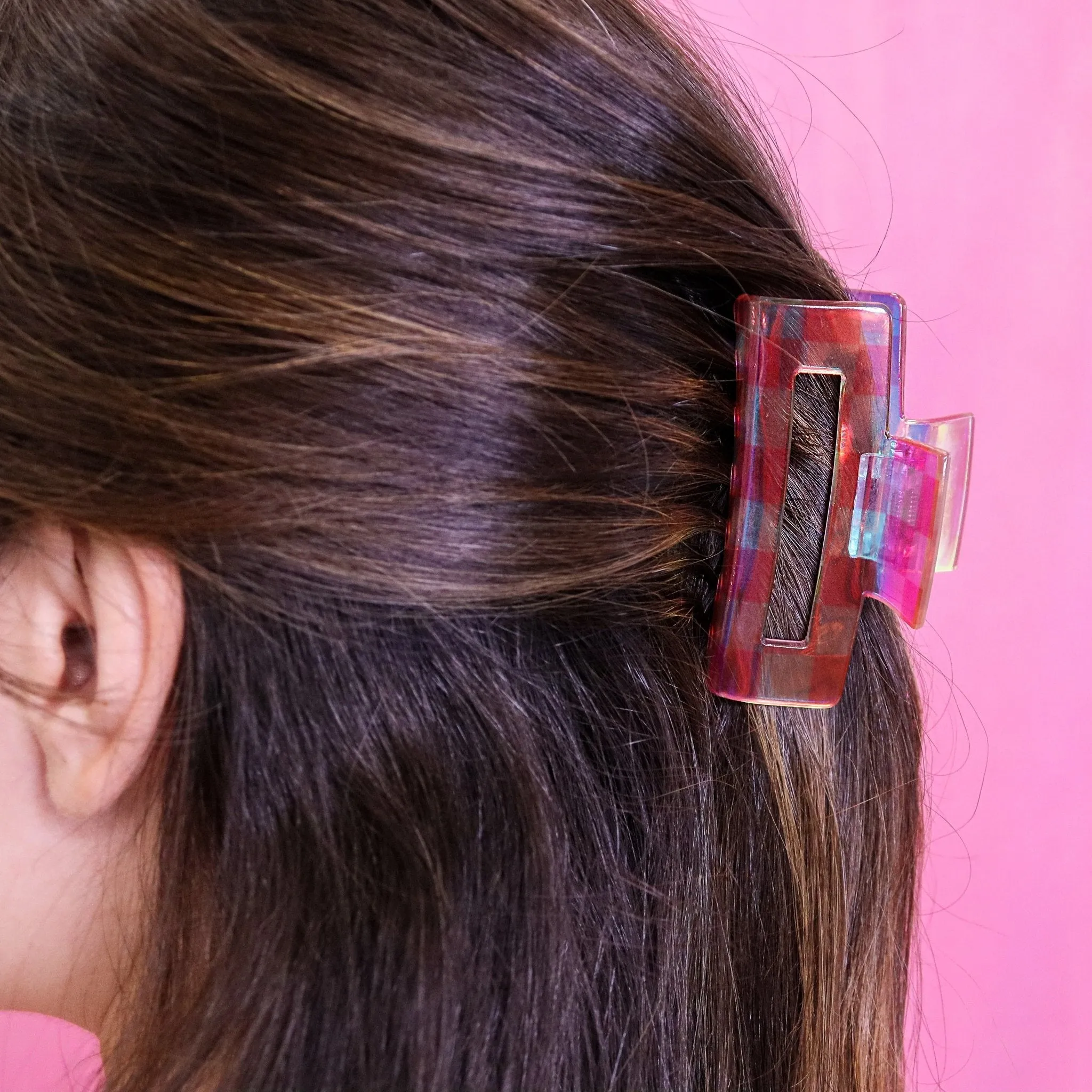 Medium Iridescent Checkered Hair Claw Clip