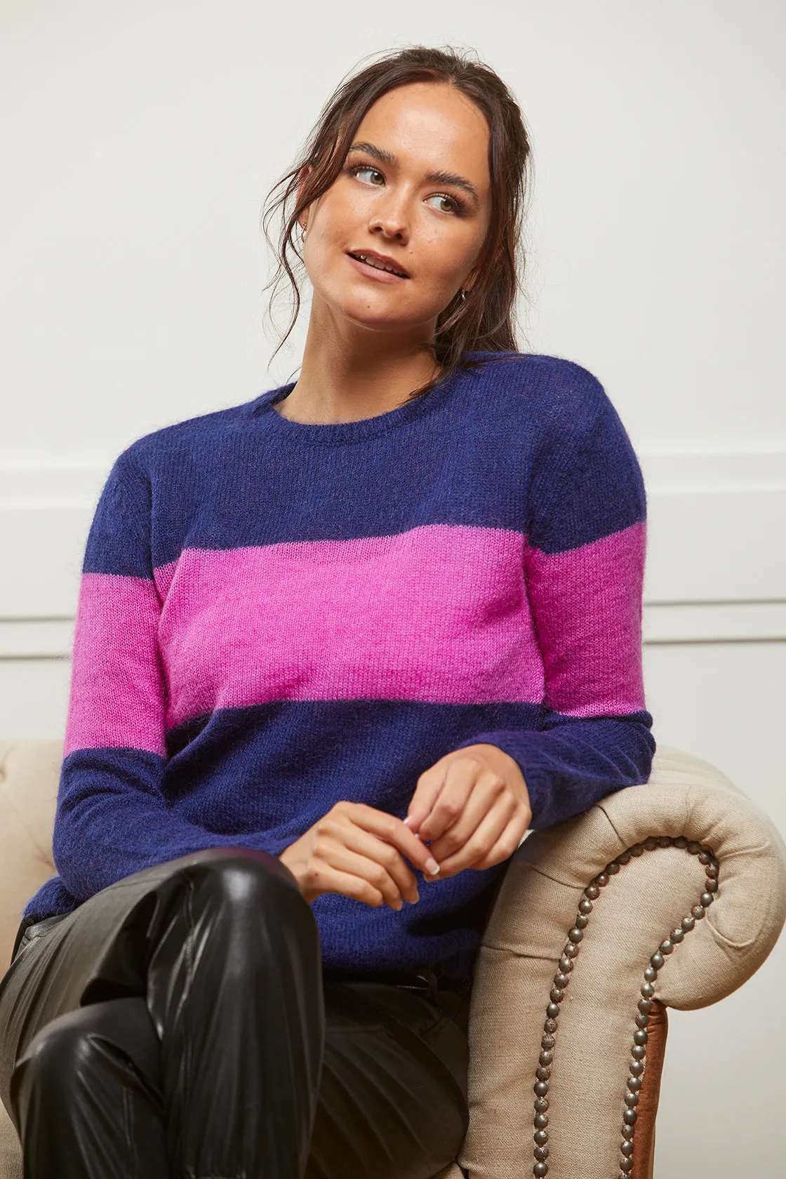 Milly - Navy Jumper With Pink Band - Wool and Mohair Blend - 50% OFF