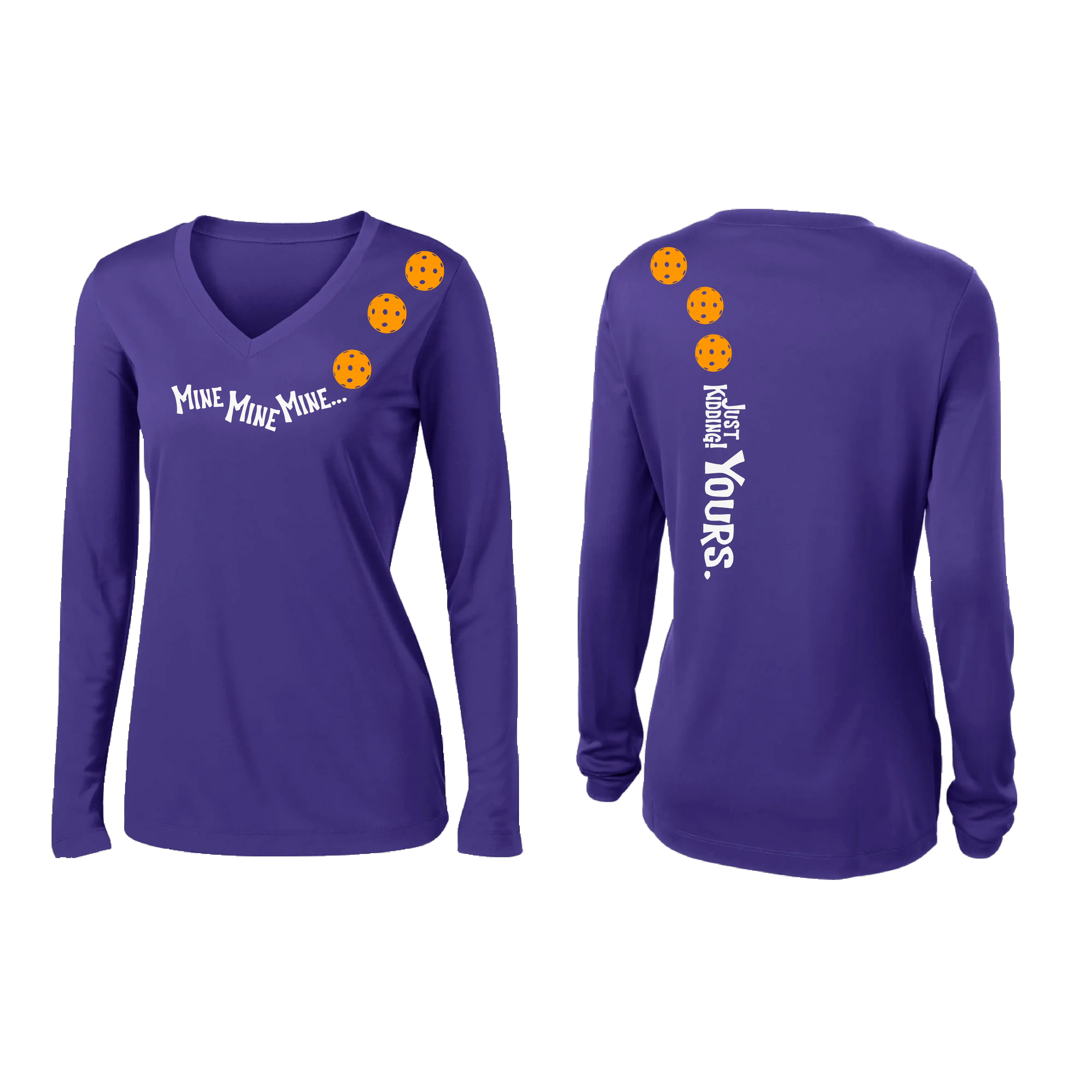 Mine JK Yours (Pickleball Colors Orange Yellow Red)| Women's Long Sleeve V-Neck Pickleball Shirts | 100% Polyester