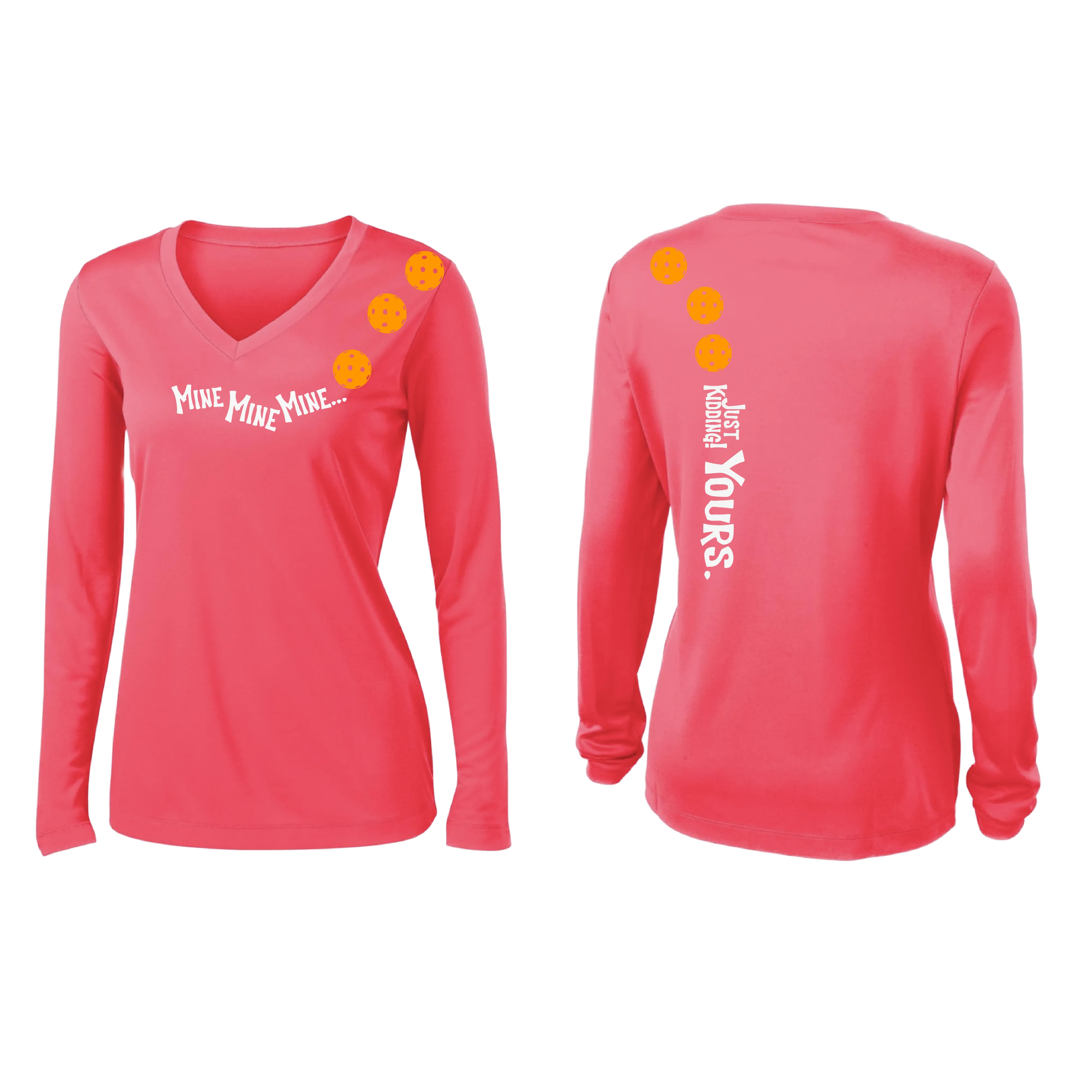 Mine JK Yours (Pickleball Colors Orange Yellow Red)| Women's Long Sleeve V-Neck Pickleball Shirts | 100% Polyester