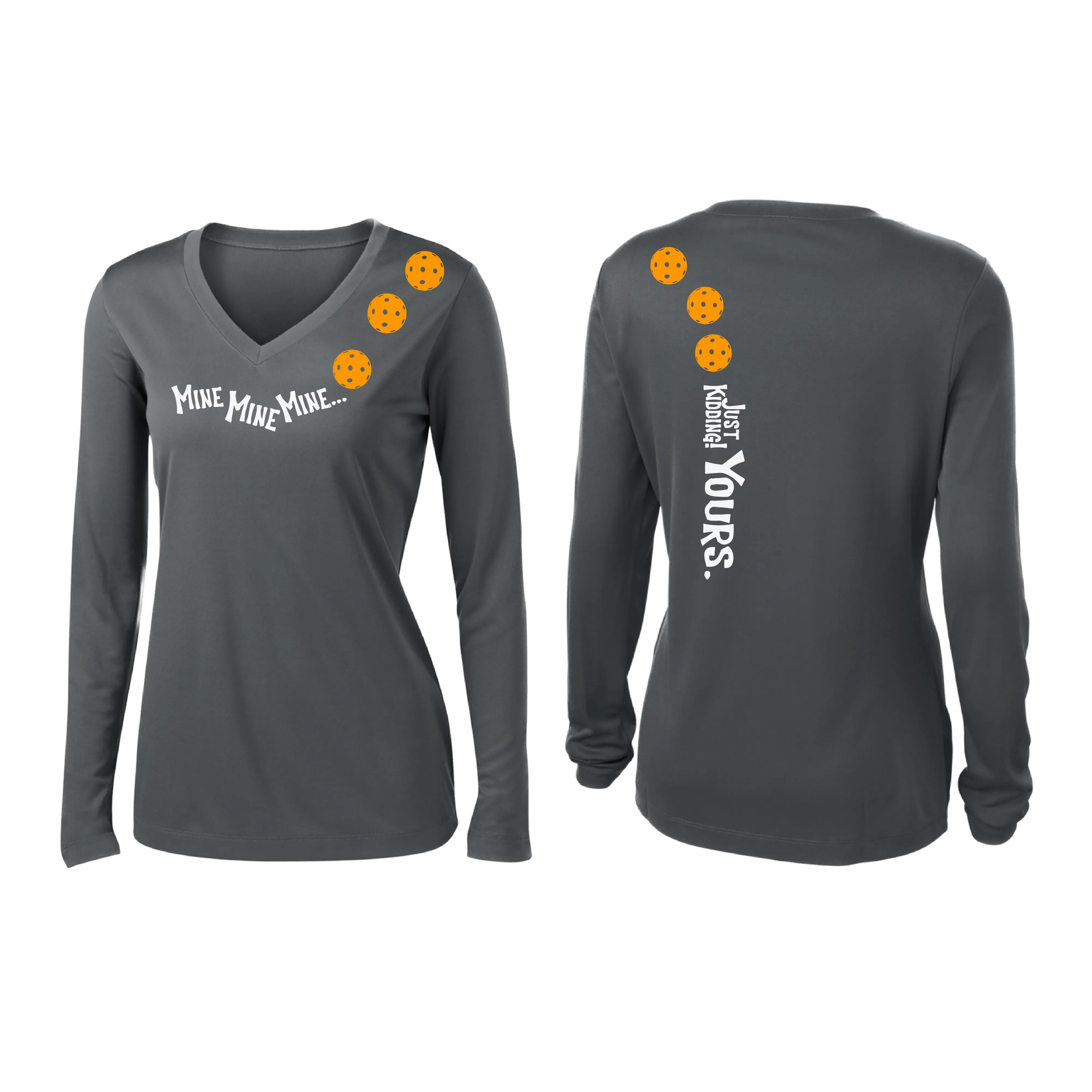 Mine JK Yours (Pickleball Colors Orange Yellow Red)| Women's Long Sleeve V-Neck Pickleball Shirts | 100% Polyester